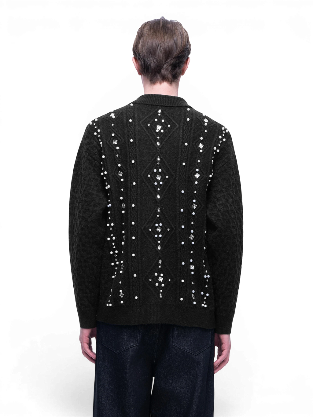 LUMINOUS DAWN RHINESTONE COLLARED KNIT CARDIGAN
