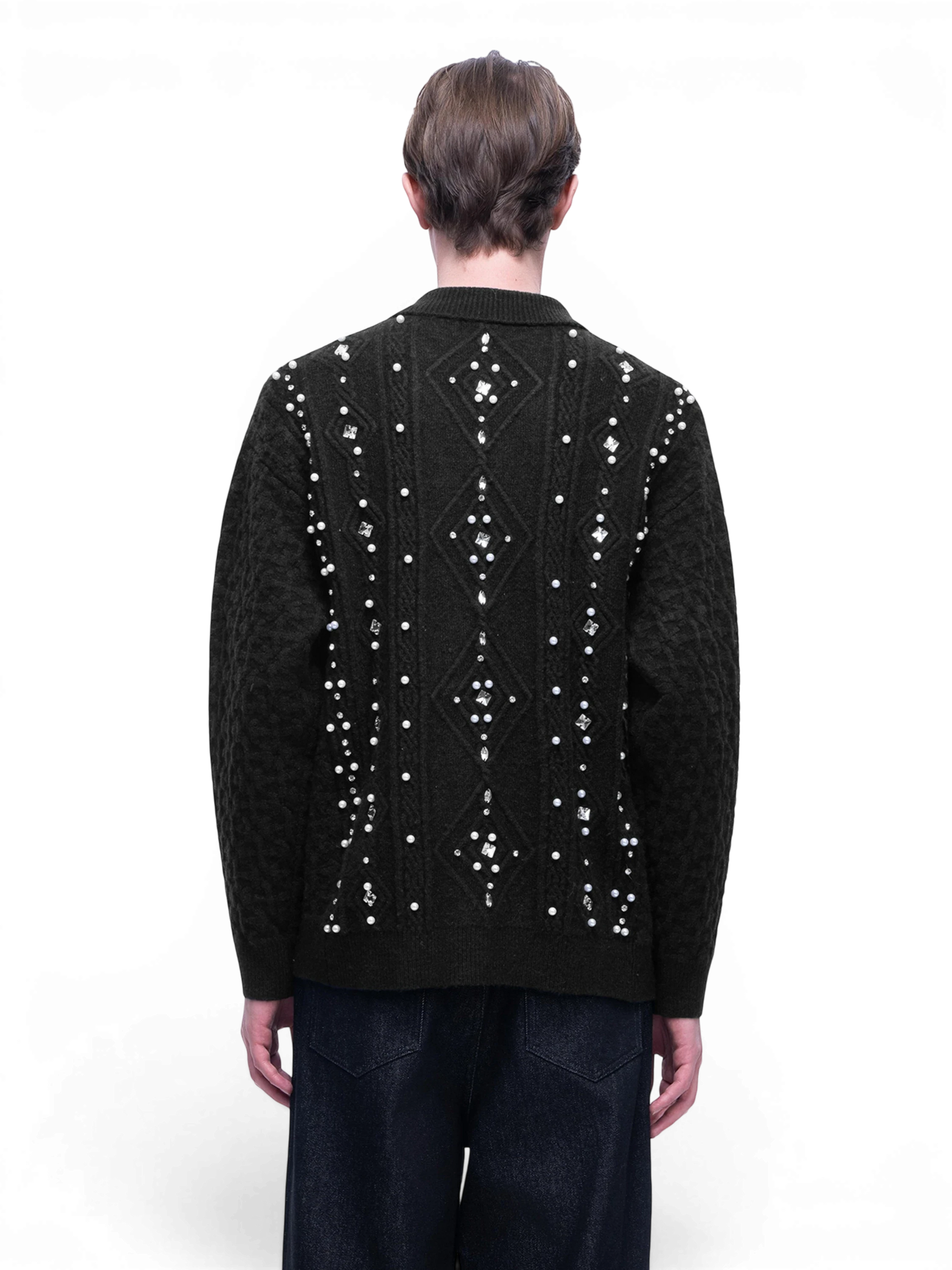 TBHNP Luminous Dawn rhinestone cable-knit cardigan, black — men's streetwear knitwear