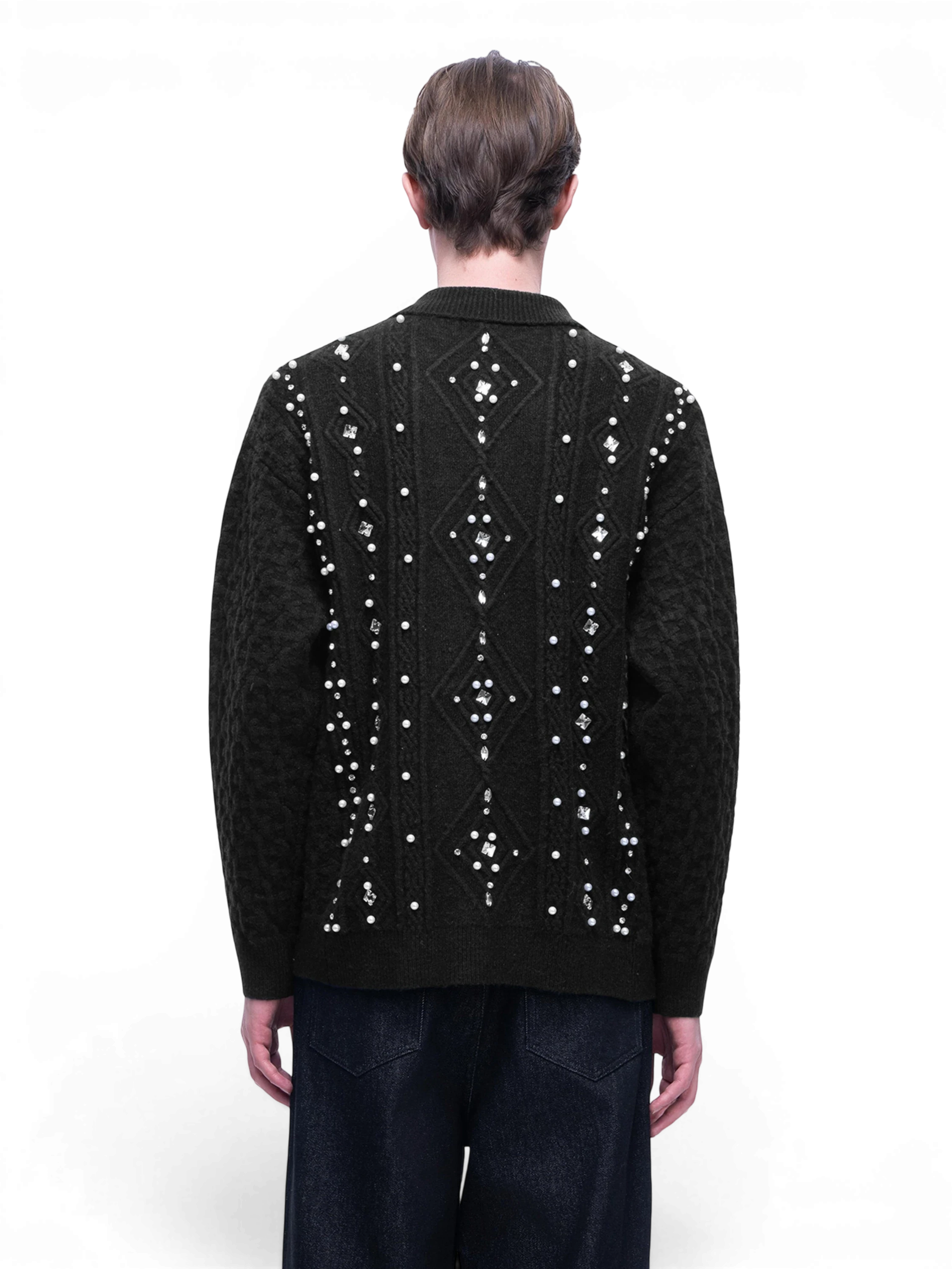 TBHNP Luminous Dawn rhinestone cable-knit cardigan, black — men's streetwear knitwear
