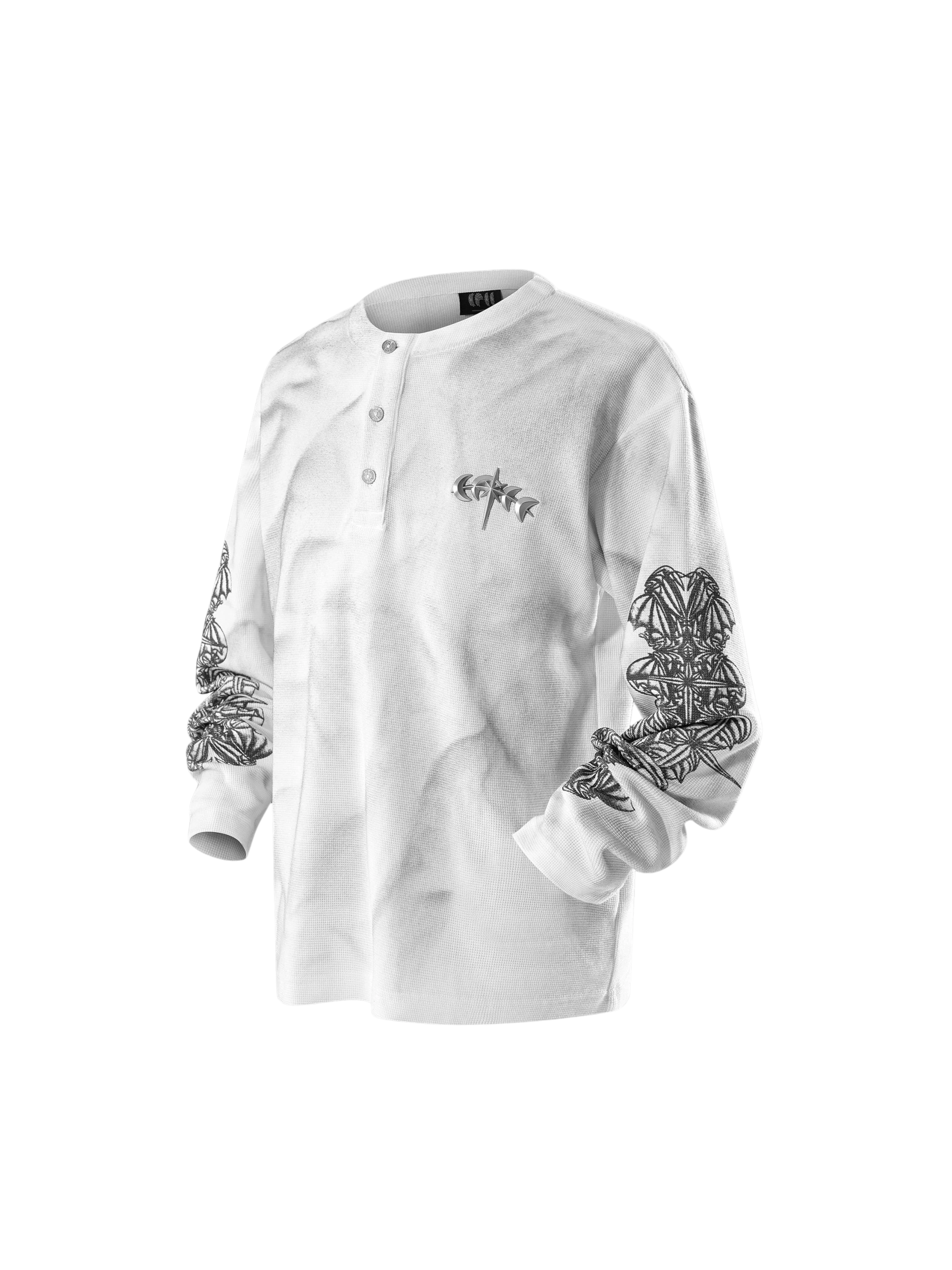 TBHNP Luminous Dawn waffle-knit henley long-sleeve top with metal chest badge — men's streetwear henley