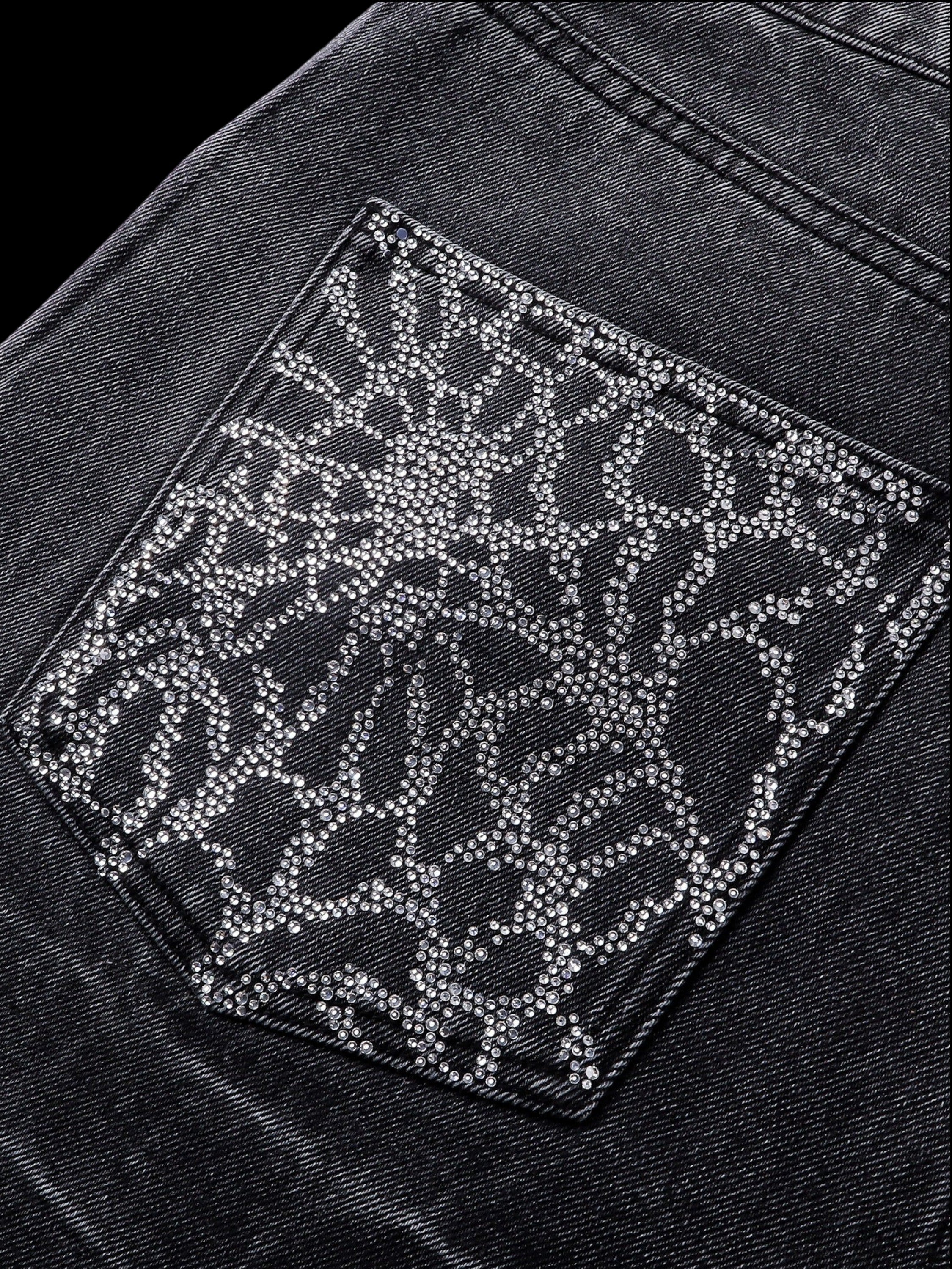 TBHNP Luminous Dawn cobweb rhinestone cropped jeans — men's streetwear denim