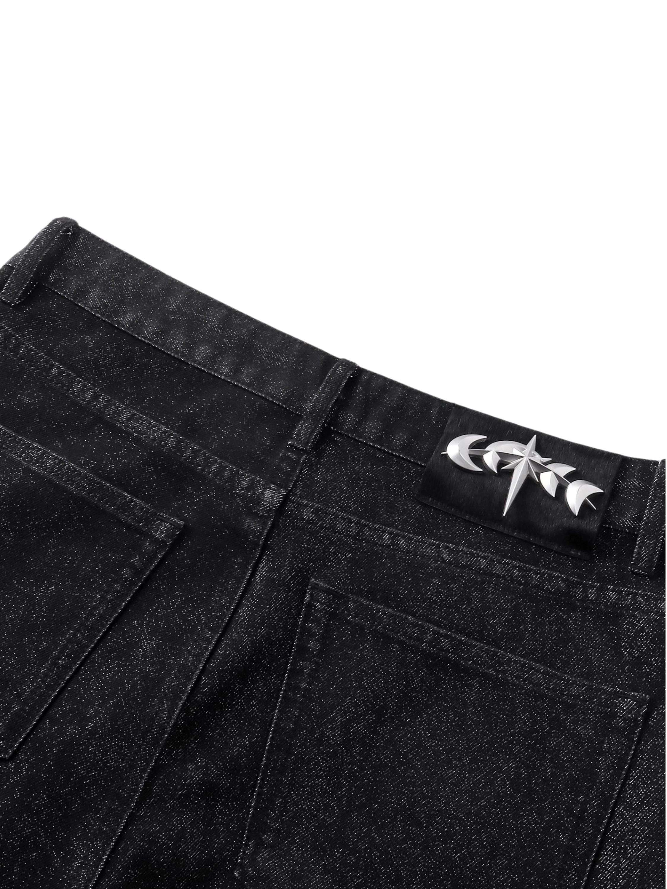 TBHNP Luminous Dawn astral logo coated flare jeans, black — men's streetwear denim