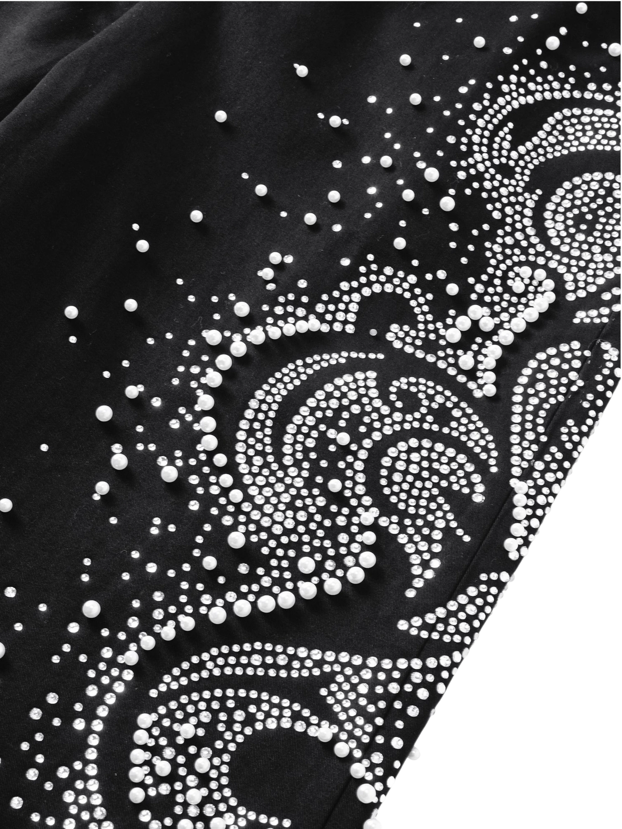 TBHNP Luminous Dawn pearl rhinestone wide-leg trousers, black — men's streetwear pants