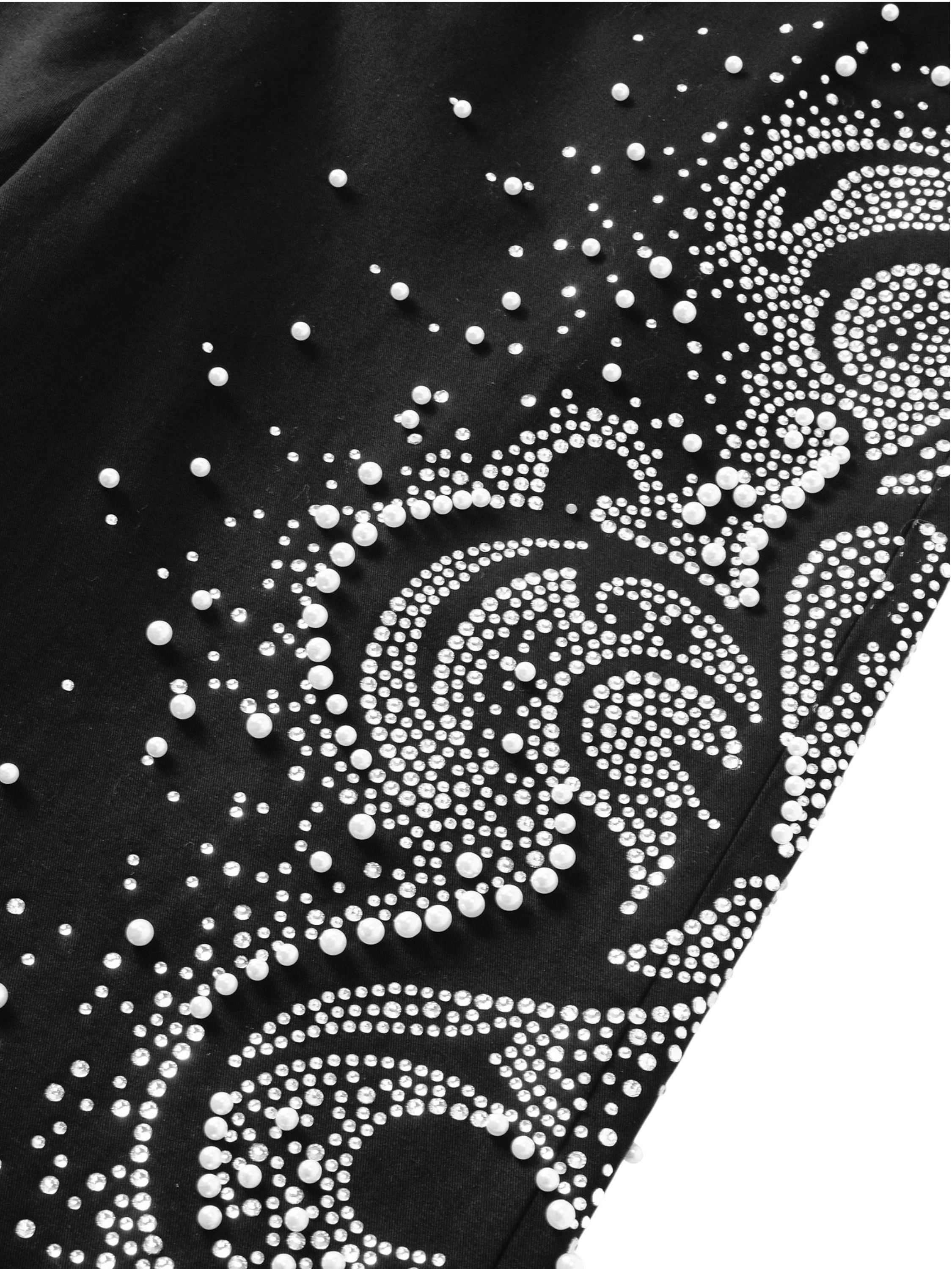 TBHNP Luminous Dawn pearl rhinestone wide-leg trousers, black — men's streetwear pants