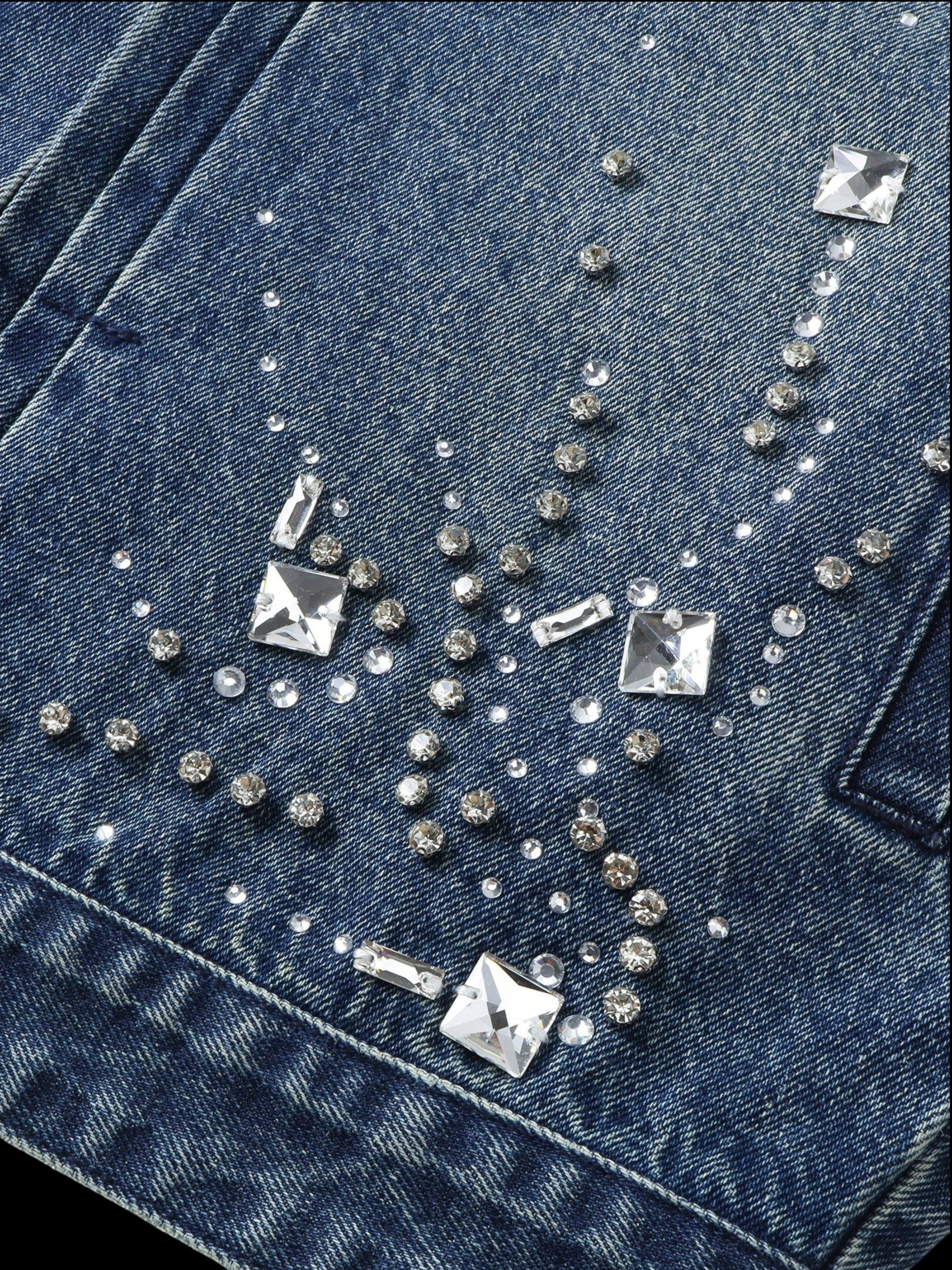 TBHNP Luminous Dawn rhinestone cropped denim jacket, blue — men's gothic streetwear jacket