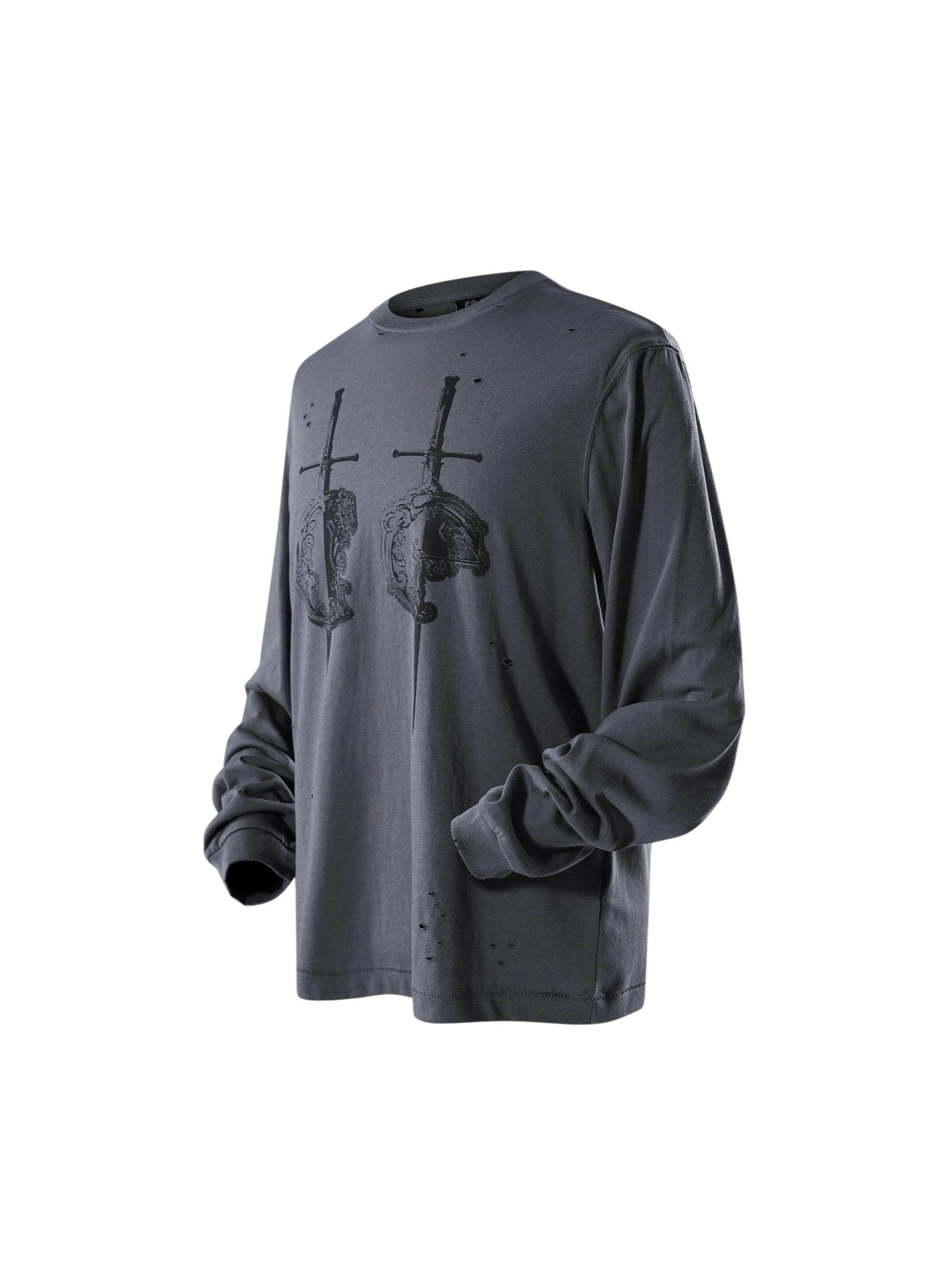 TBHNP Luminous Dawn distressed sword and shield print long-sleeve cotton t-shirt — men's streetwear long sleeve tee