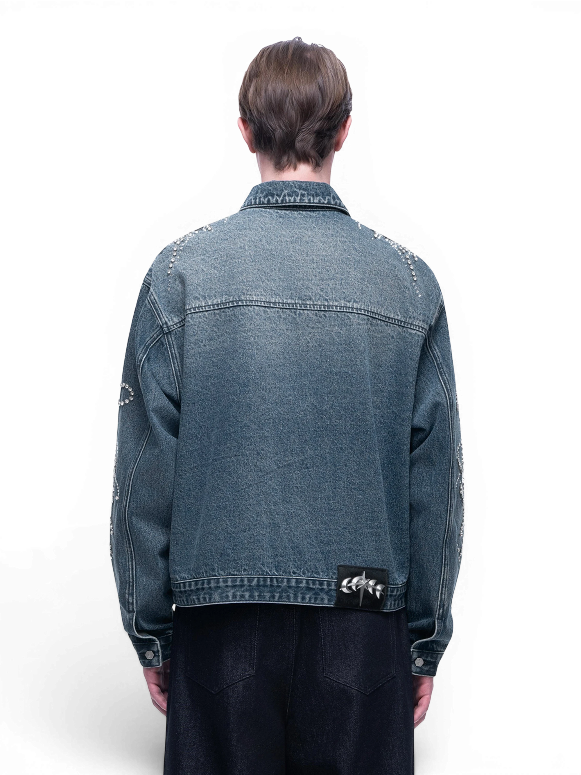 TBHNP Luminous Dawn rhinestone cropped denim jacket, blue — men's gothic streetwear jacket