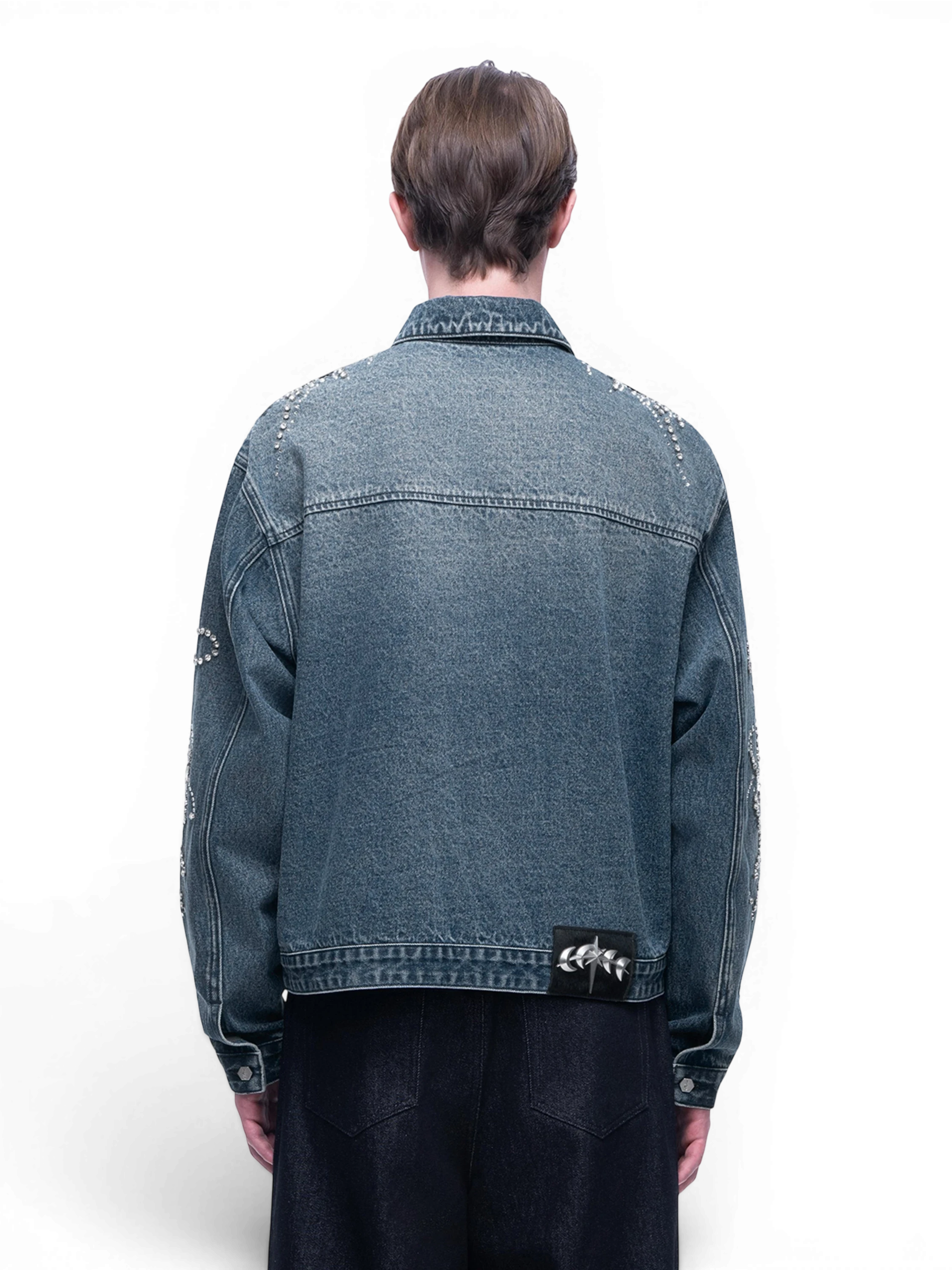 TBHNP Luminous Dawn rhinestone cropped denim jacket, blue — men's gothic streetwear jacket