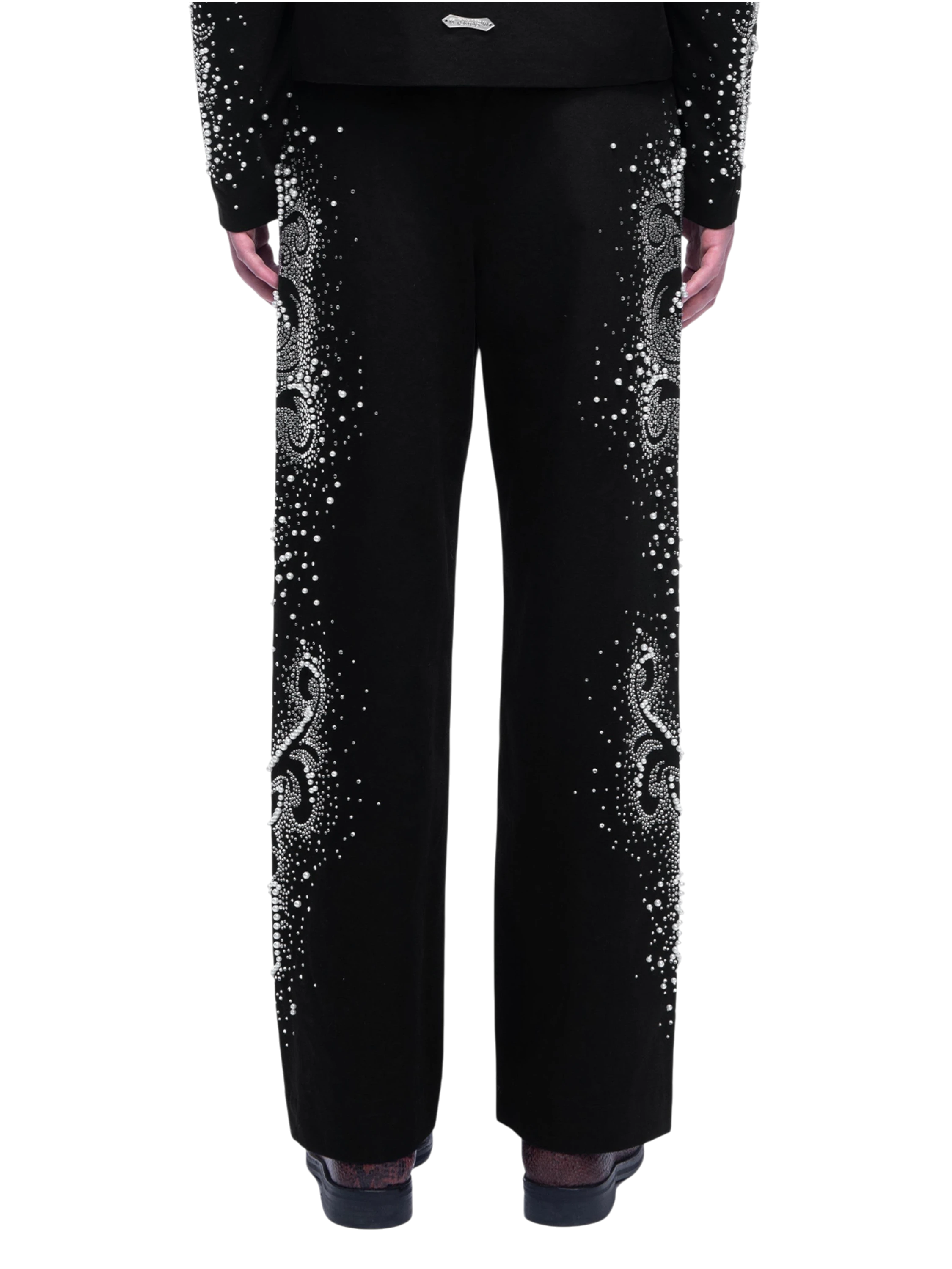 TBHNP Luminous Dawn pearl rhinestone wide-leg trousers, black — men's streetwear pants