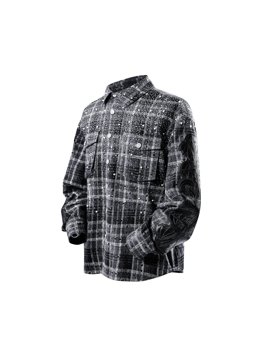 LUMINOUS DAWN RHINESTONE BAT PATTERN PLAID SHIRT