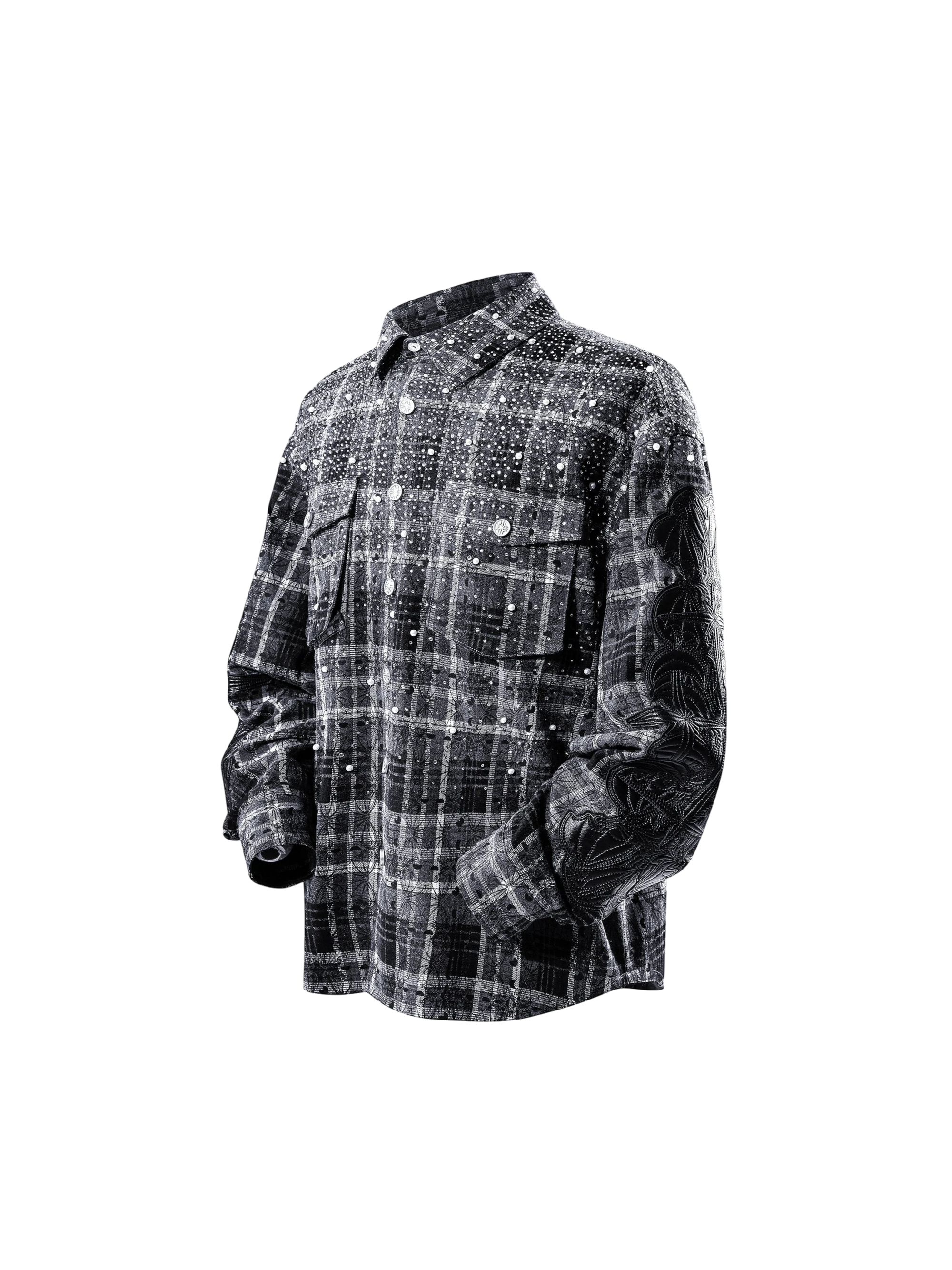 TBHNP Luminous Dawn rhinestone bat pattern plaid flannel shirt — men's gothic streetwear button-up