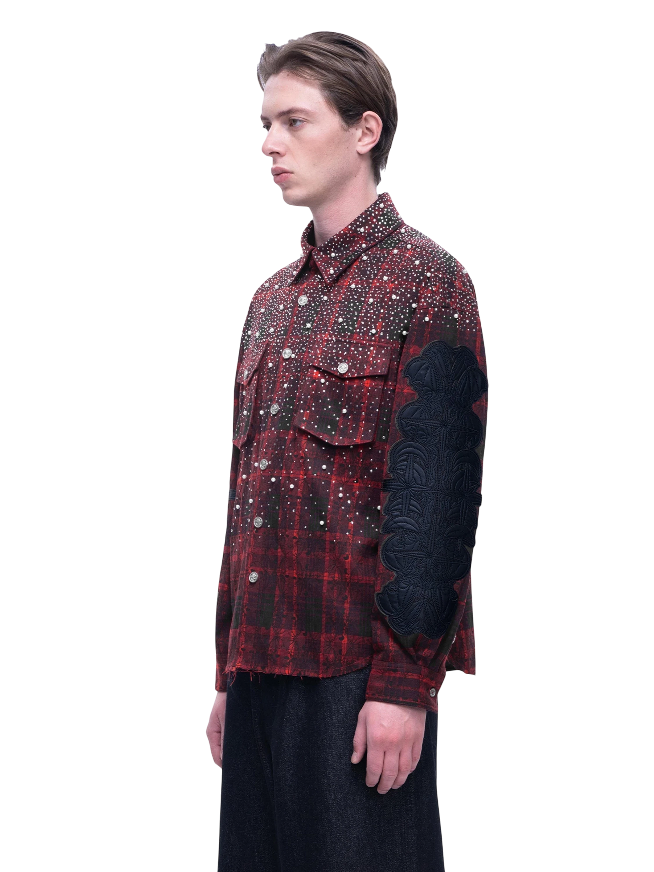 TBHNP Luminous Dawn rhinestone bat pattern plaid flannel shirt — men's gothic streetwear button-up