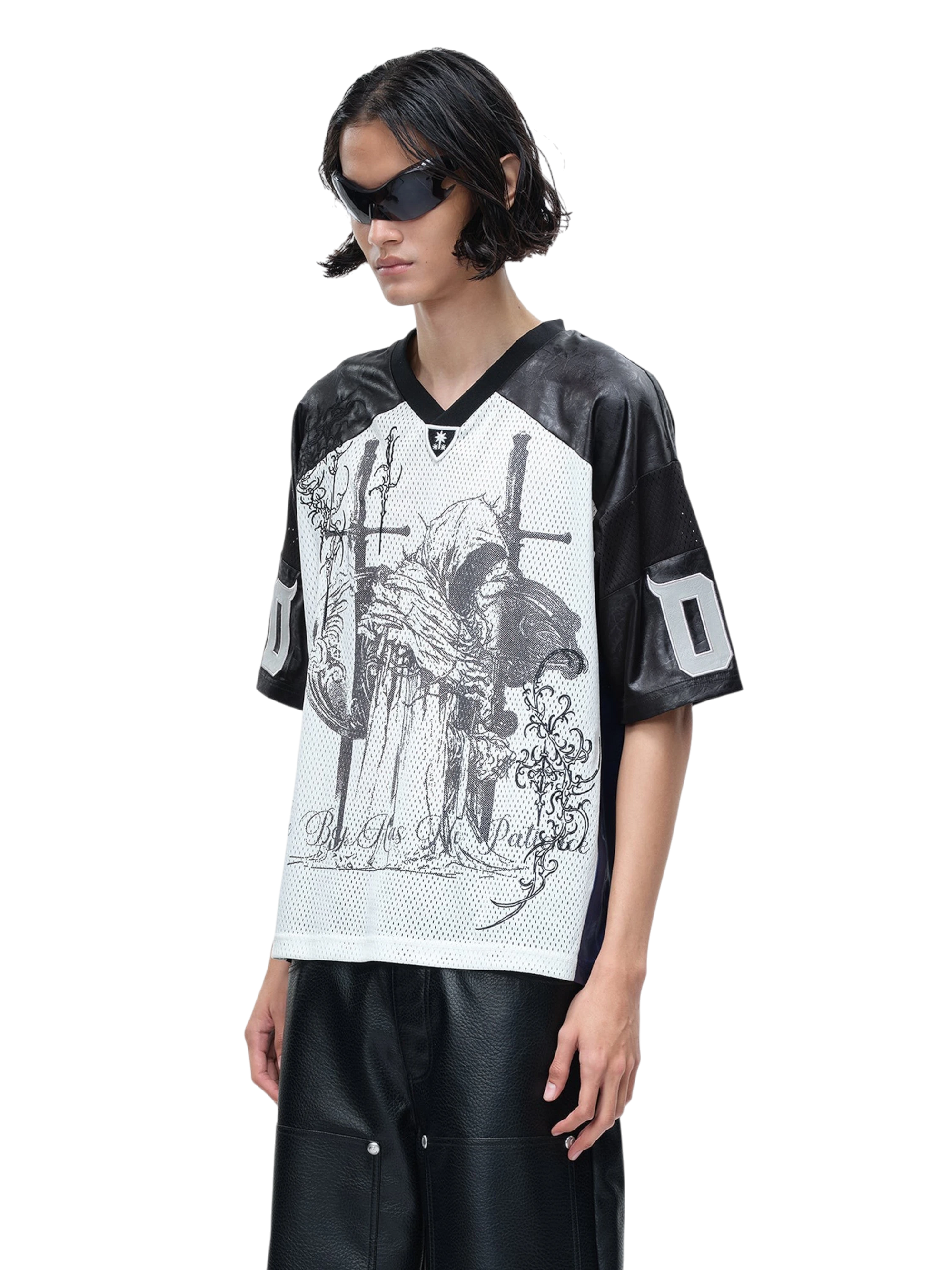 TBHNP Luminous Dawn sword and knight mesh football jersey with leather sleeves, navy blue — men's streetwear jersey