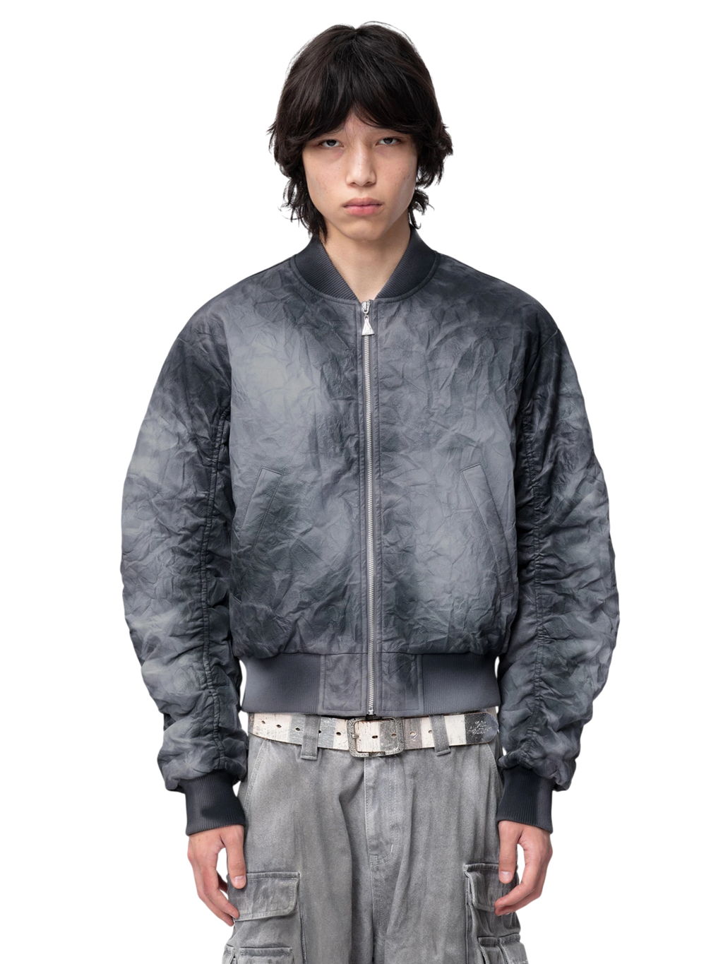 TBHNP Disciple spray-painted MA-1 bomber jacket, blue-grey — men's streetwear jacket