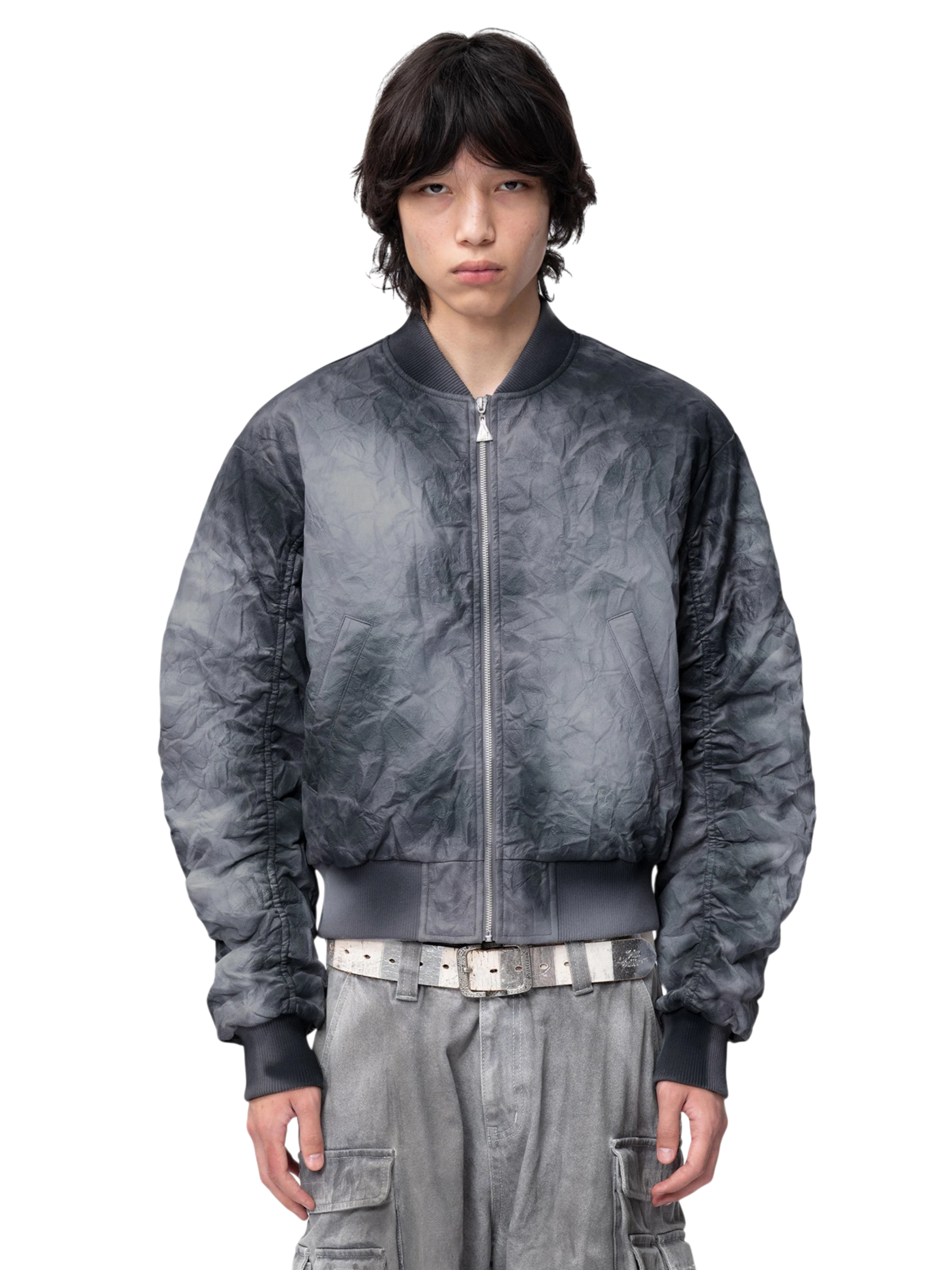 TBHNP Disciple spray-painted MA-1 bomber jacket, blue-grey — men's streetwear jacket
