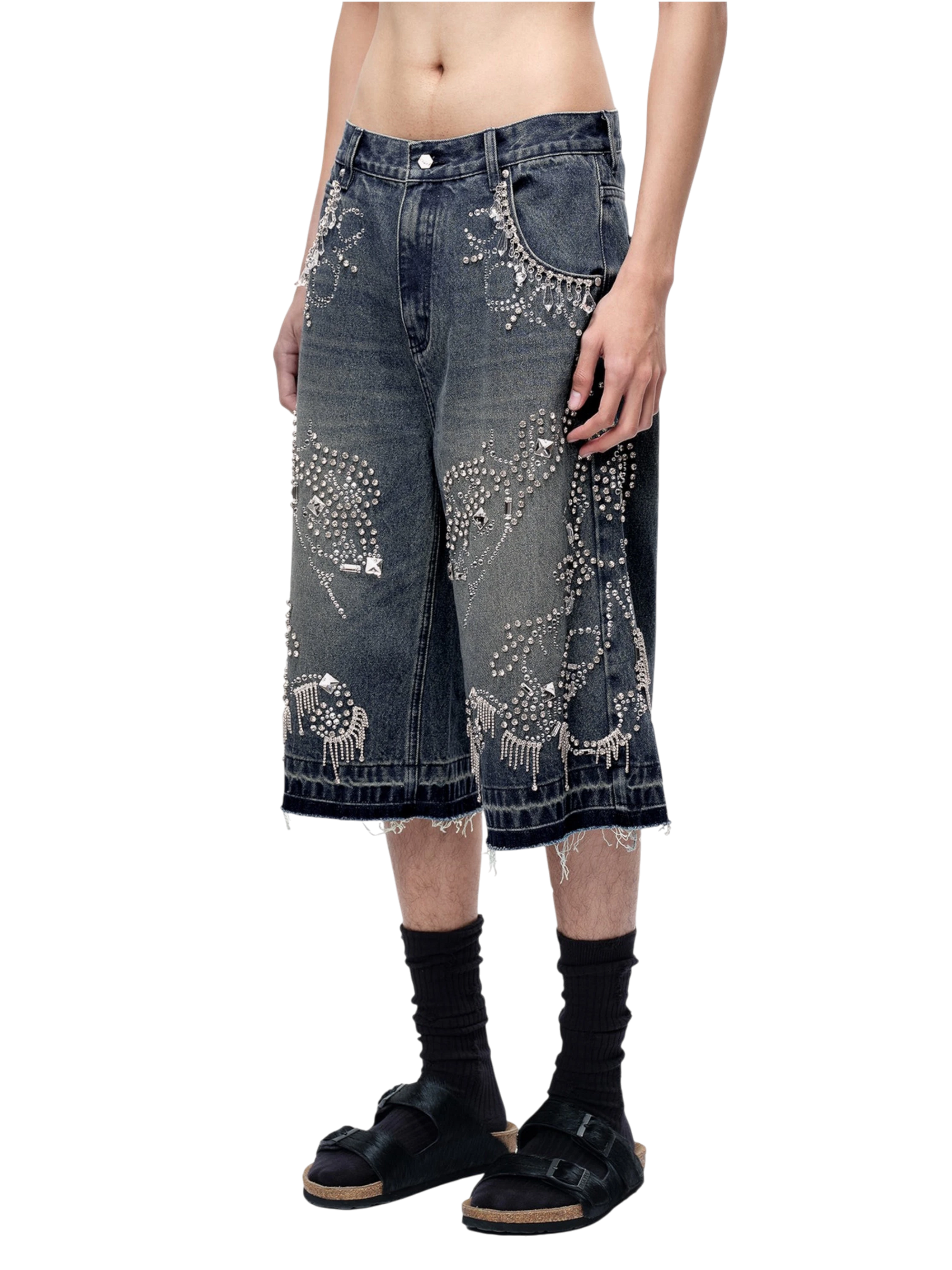 TBHNP Luminous Dawn rhinestone vine cropped wide-leg jeans — men's streetwear denim