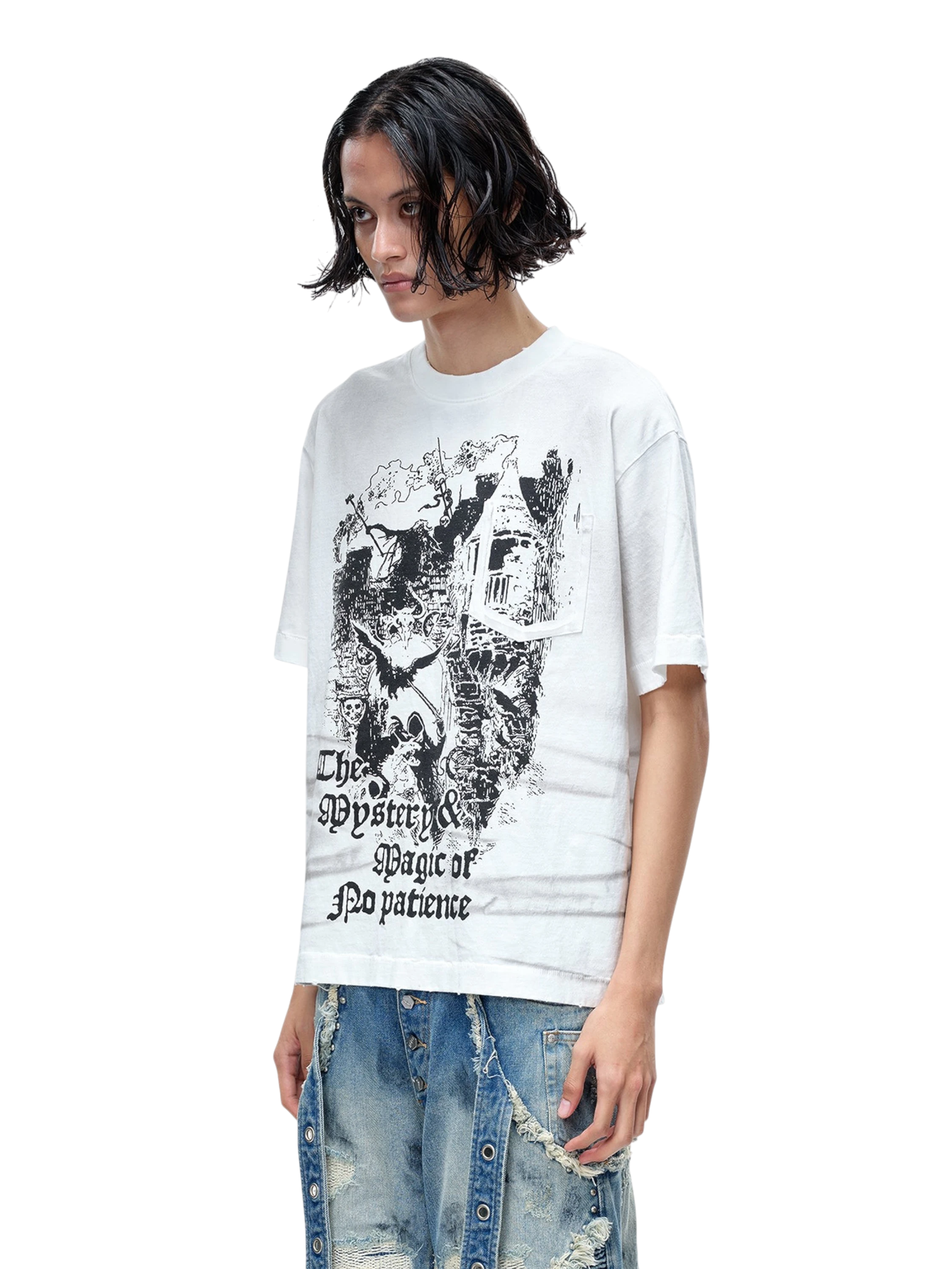 TBHNP Luminous Dawn gothic castle print heavyweight t-shirt, white — men's streetwear graphic tee