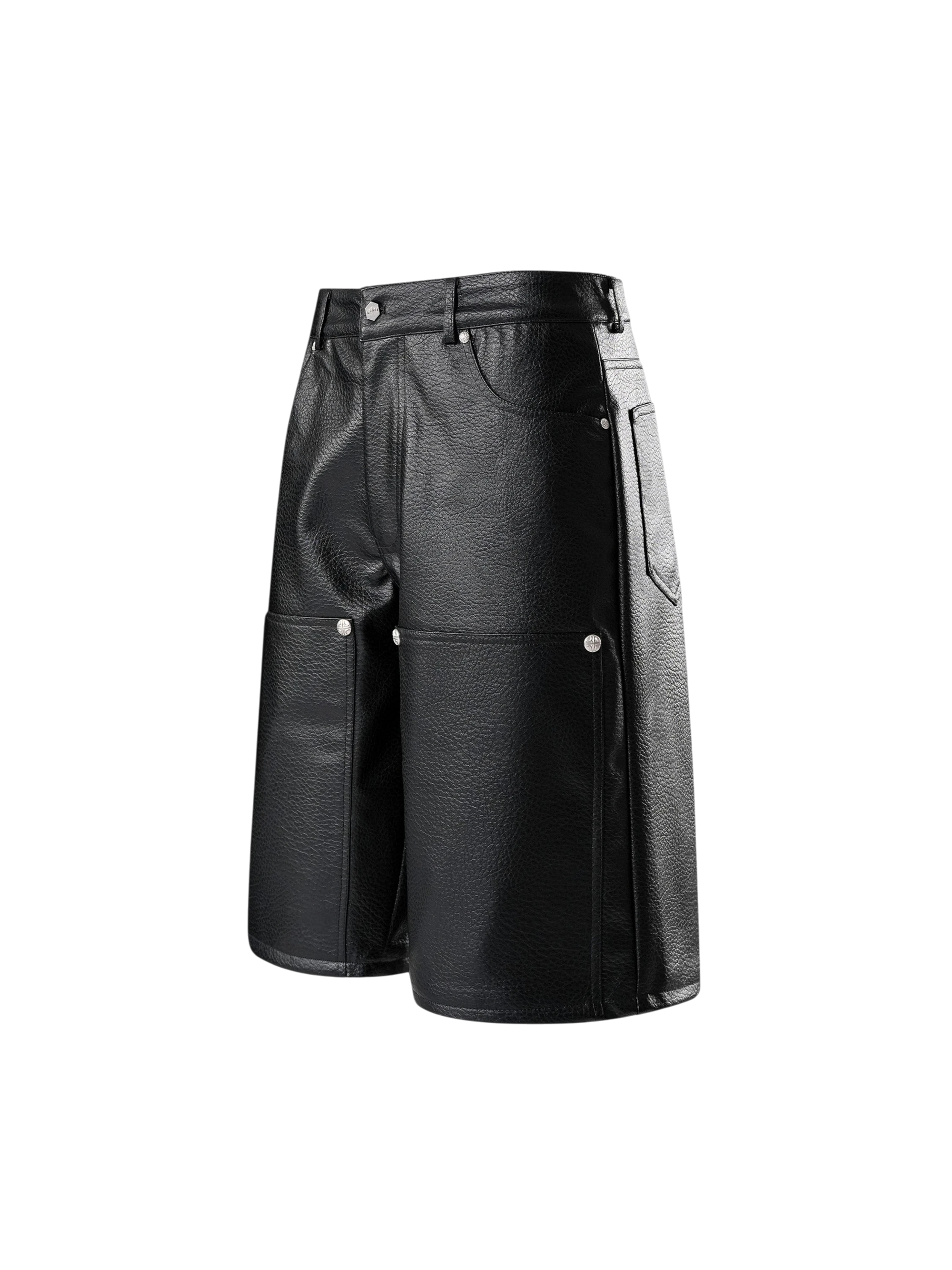 TBHNP black faux-leather wide-leg shorts, front flat-lay — men's streetwear shorts
