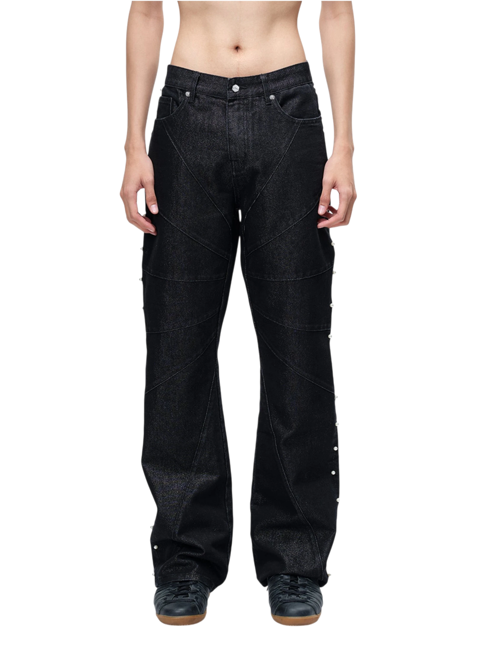 TBHNP Luminous Dawn astral logo coated flare jeans, black — men's streetwear denim