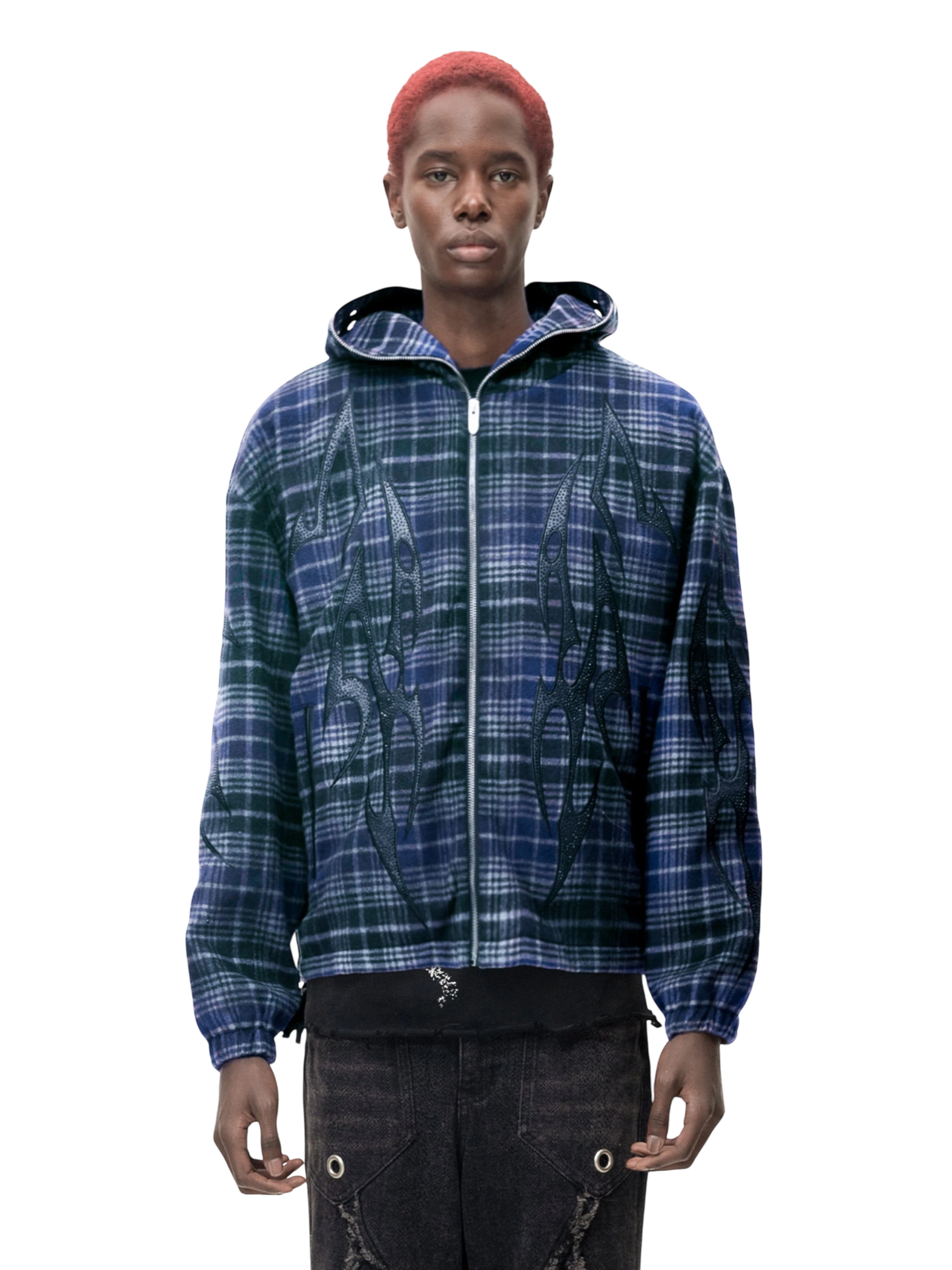 TBHNP Eclipse of the Blood Moon knight plaid zip hooded shirt — men's gothic streetwear shirt