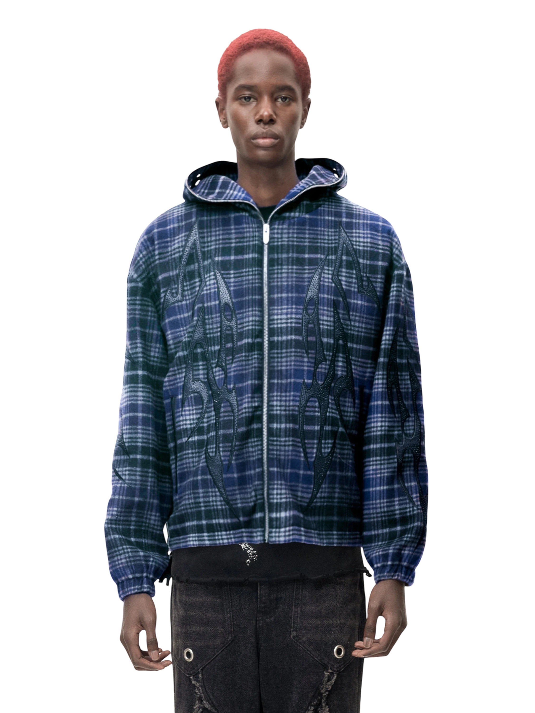 TBHNP Eclipse of the Blood Moon knight plaid zip hooded shirt — men's gothic streetwear shirt