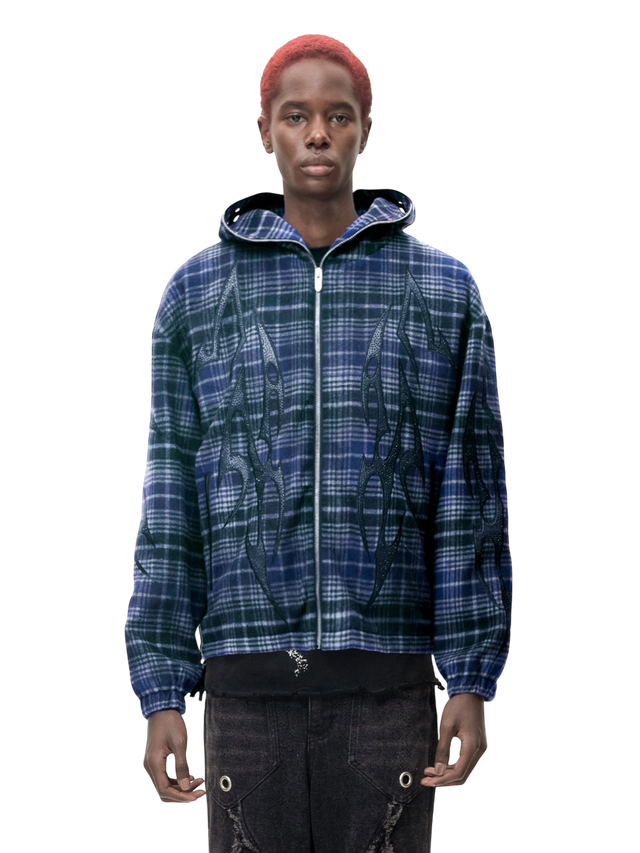 KNIGHT EMBROIDERED PLAID ZIP HOODED SHIRT
