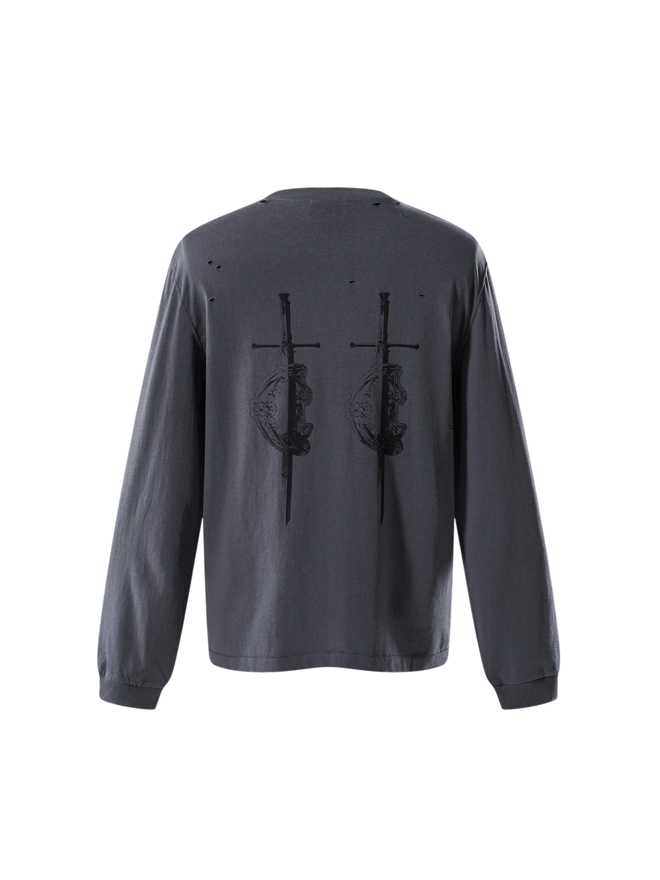 TBHNP Luminous Dawn distressed sword and shield print long-sleeve cotton t-shirt — men's streetwear long sleeve tee