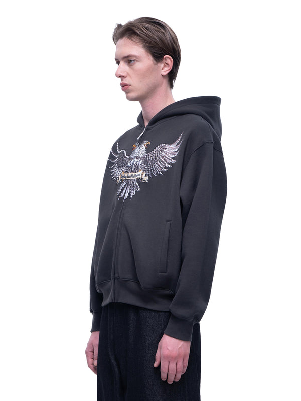 LUMINOUS DAWN DOUBLE-HEADED EAGLE RHINESTONE PRINTED ZIP HOODIE