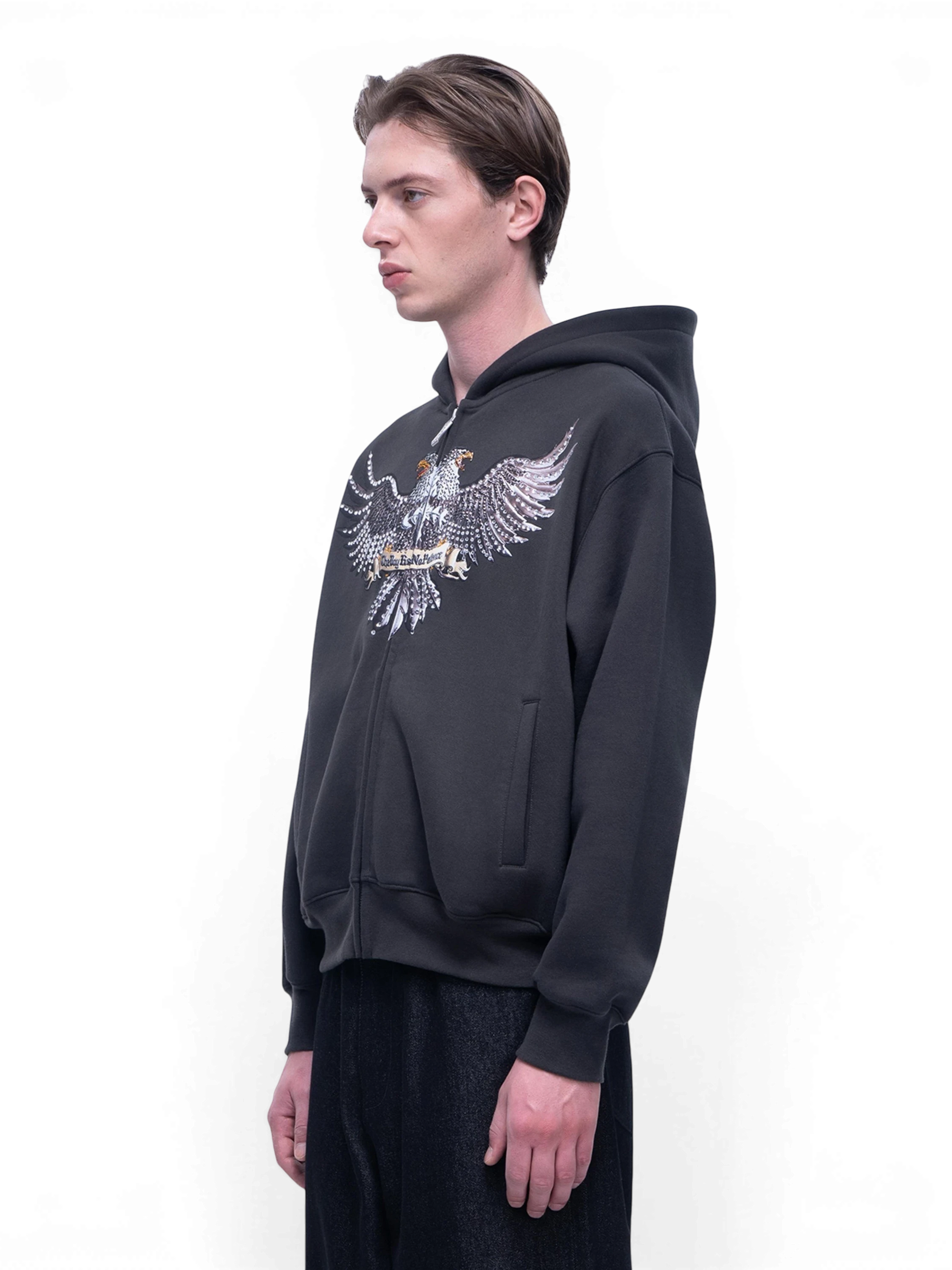TBHNP Luminous Dawn double-headed eagle rhinestone zip hoodie, dark grey — men's streetwear hoodie