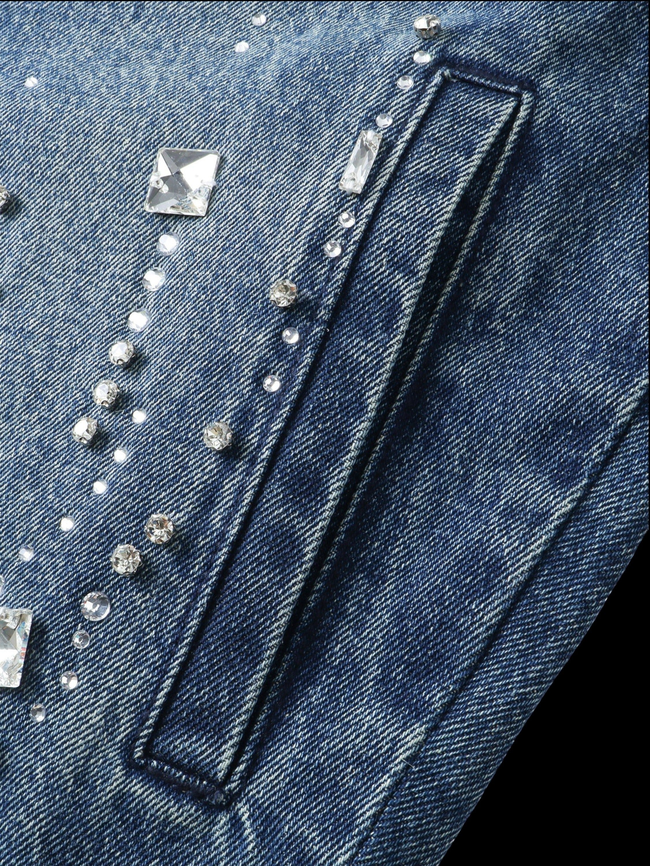 TBHNP Luminous Dawn rhinestone cropped denim jacket, blue — men's gothic streetwear jacket