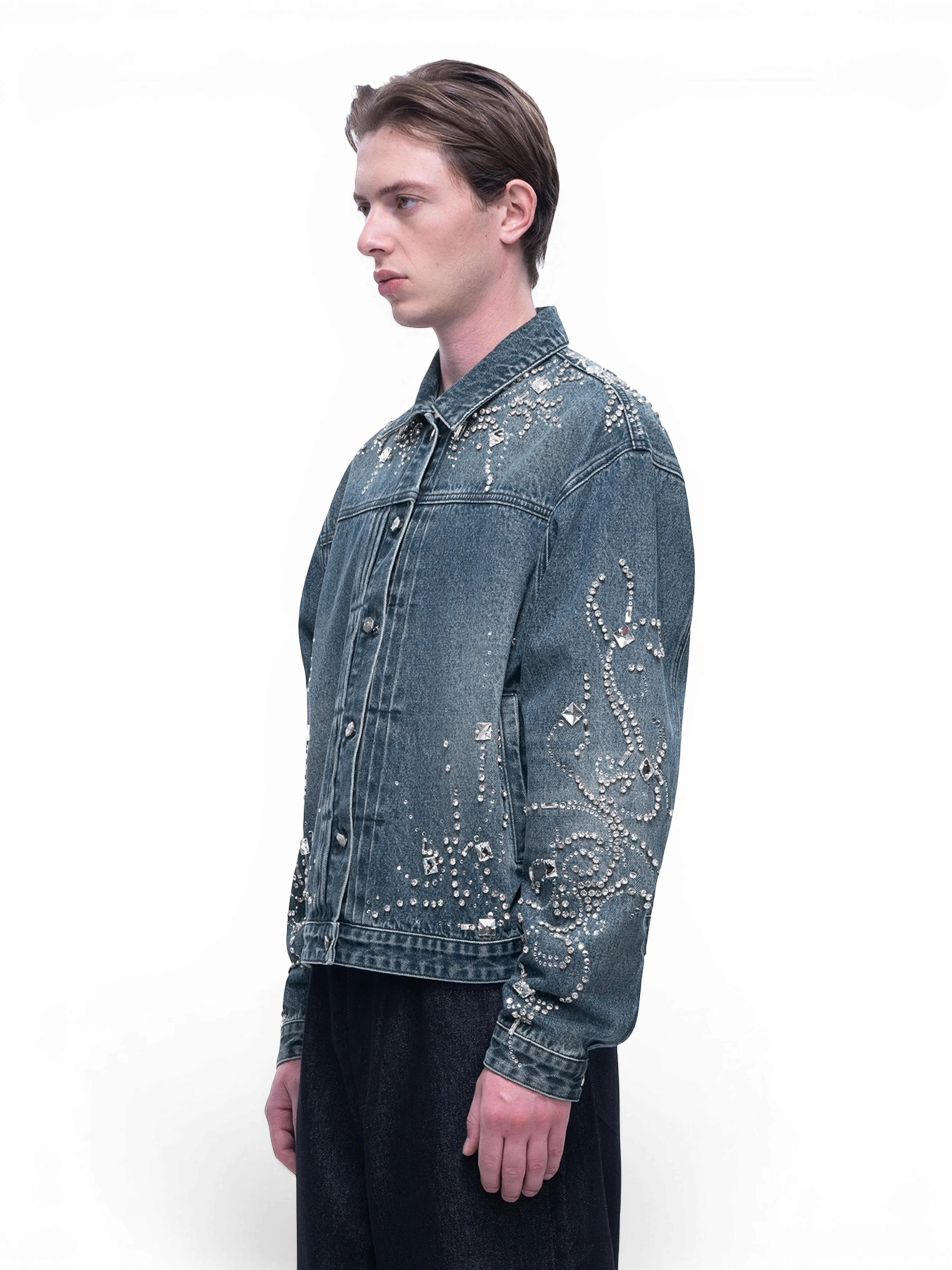 TBHNP Luminous Dawn rhinestone cropped denim jacket, blue — men's gothic streetwear jacket