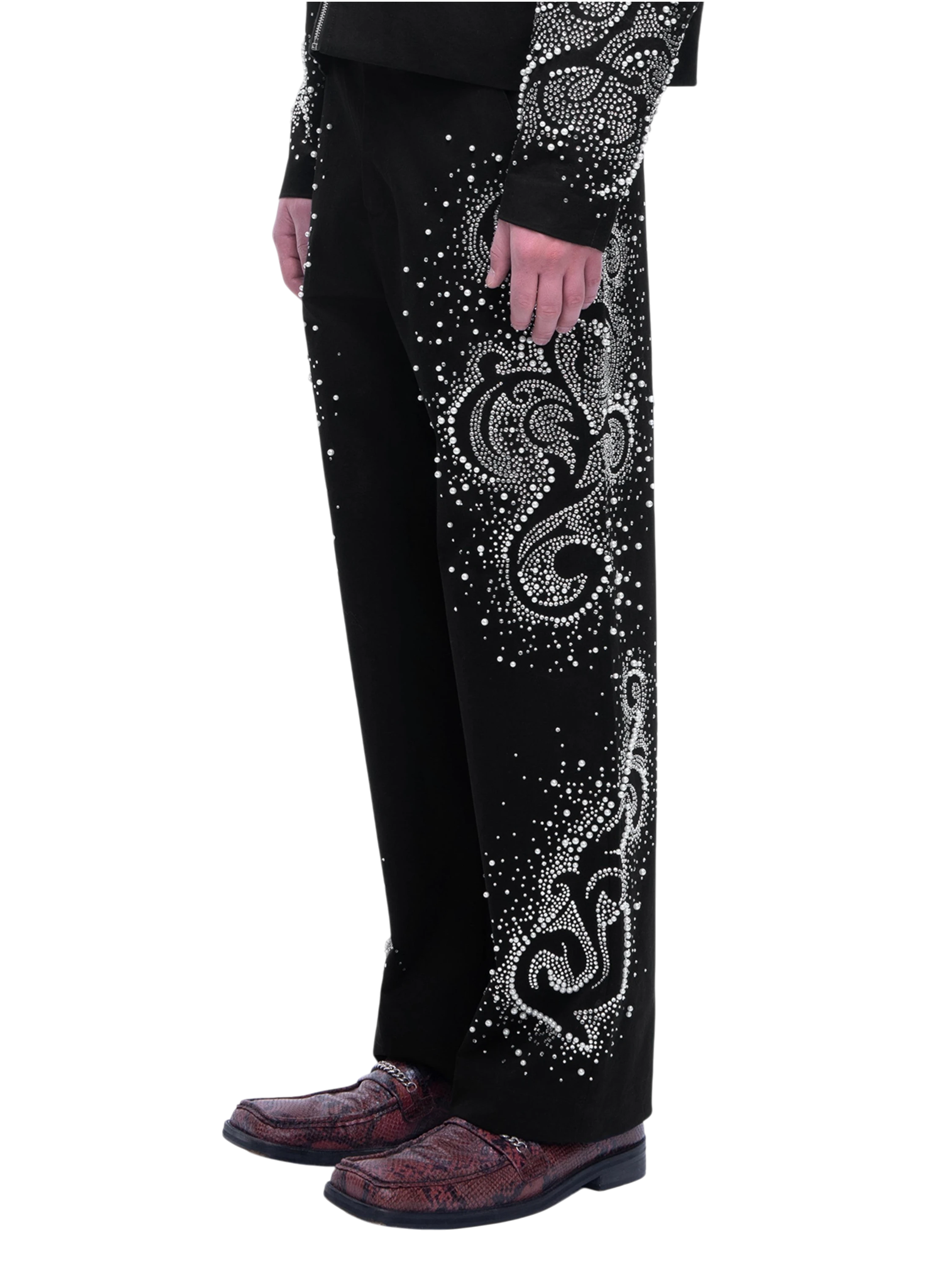TBHNP Luminous Dawn pearl rhinestone wide-leg trousers, black — men's streetwear pants