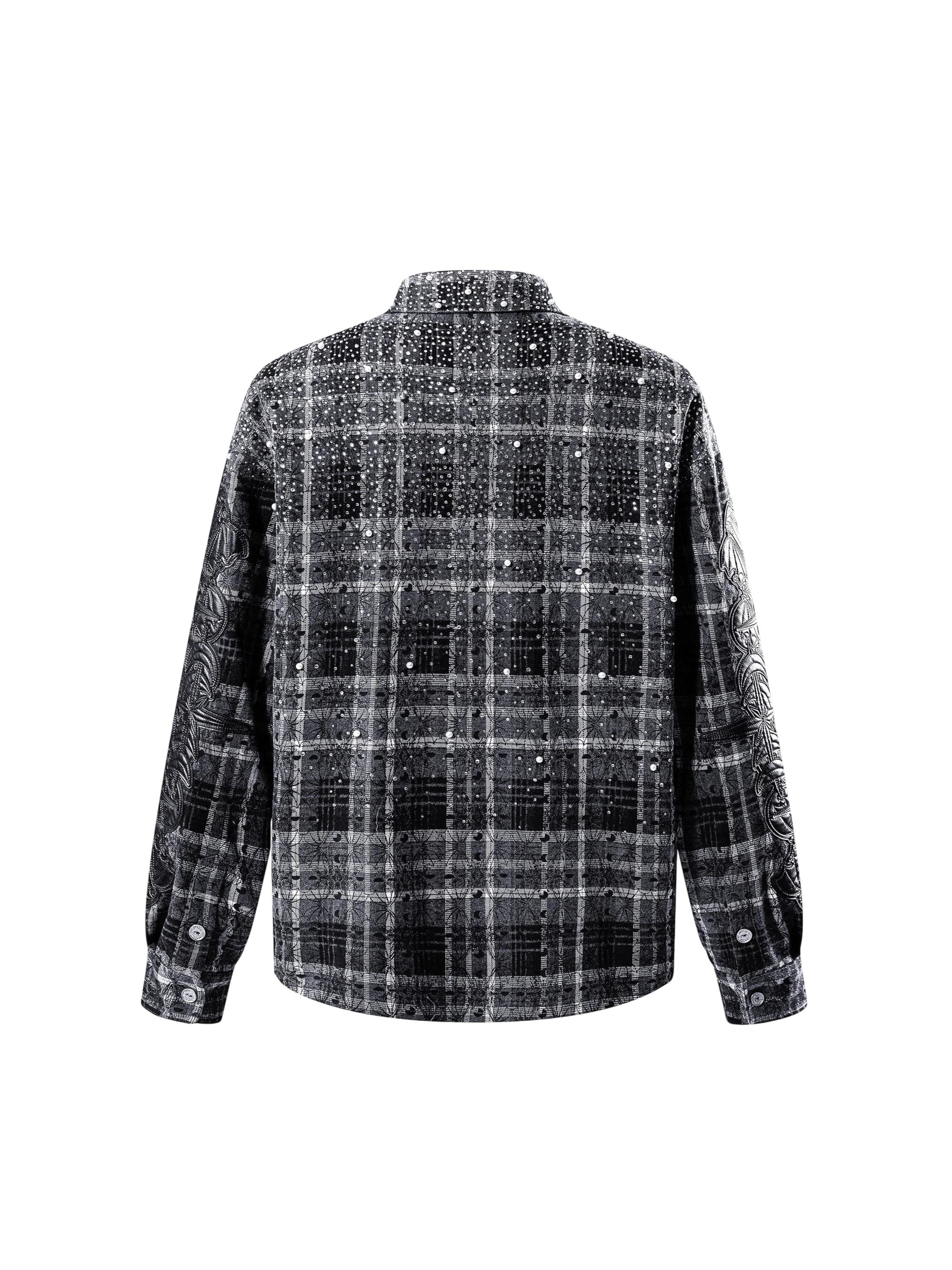 TBHNP Luminous Dawn rhinestone bat pattern plaid flannel shirt — men's gothic streetwear button-up