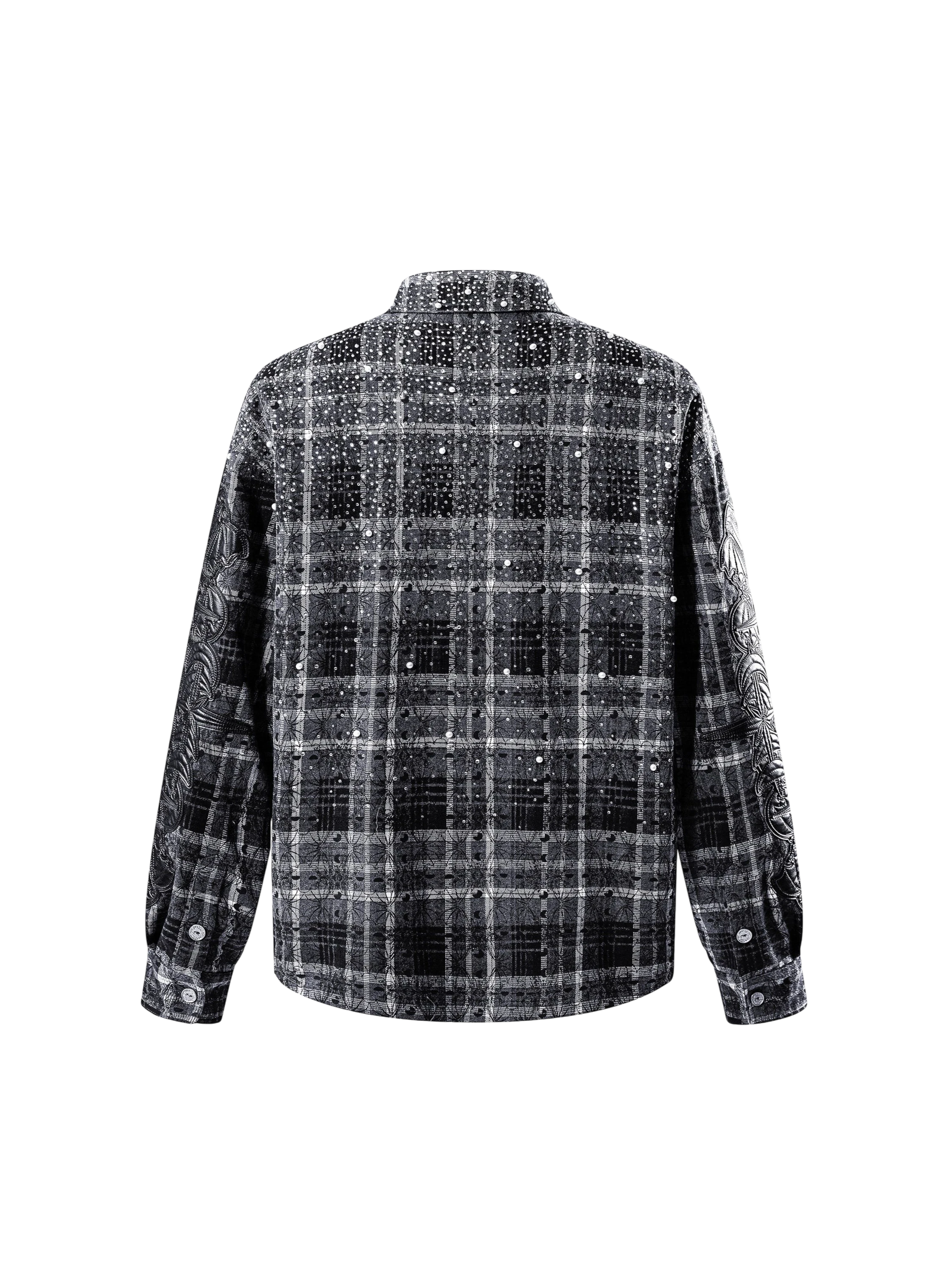 TBHNP Luminous Dawn rhinestone bat pattern plaid flannel shirt — men's gothic streetwear button-up