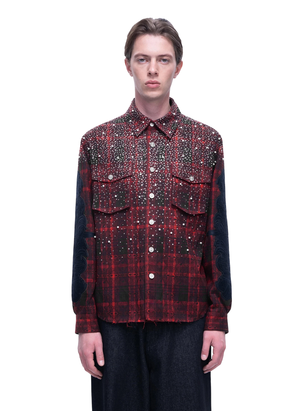 LUMINOUS DAWN RHINESTONE BAT PATTERN PLAID SHIRT