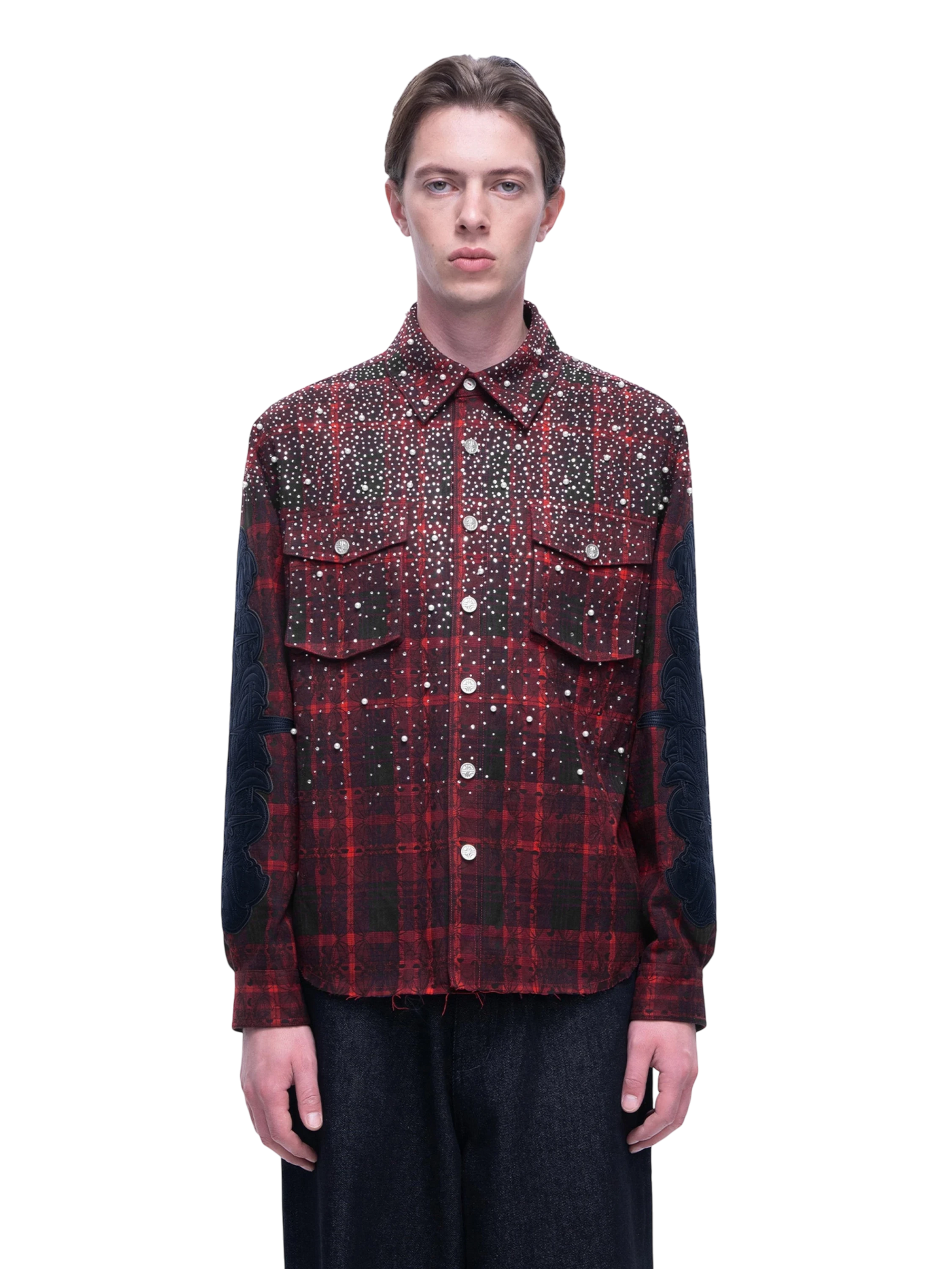 TBHNP Luminous Dawn rhinestone bat pattern plaid flannel shirt — men's gothic streetwear button-up