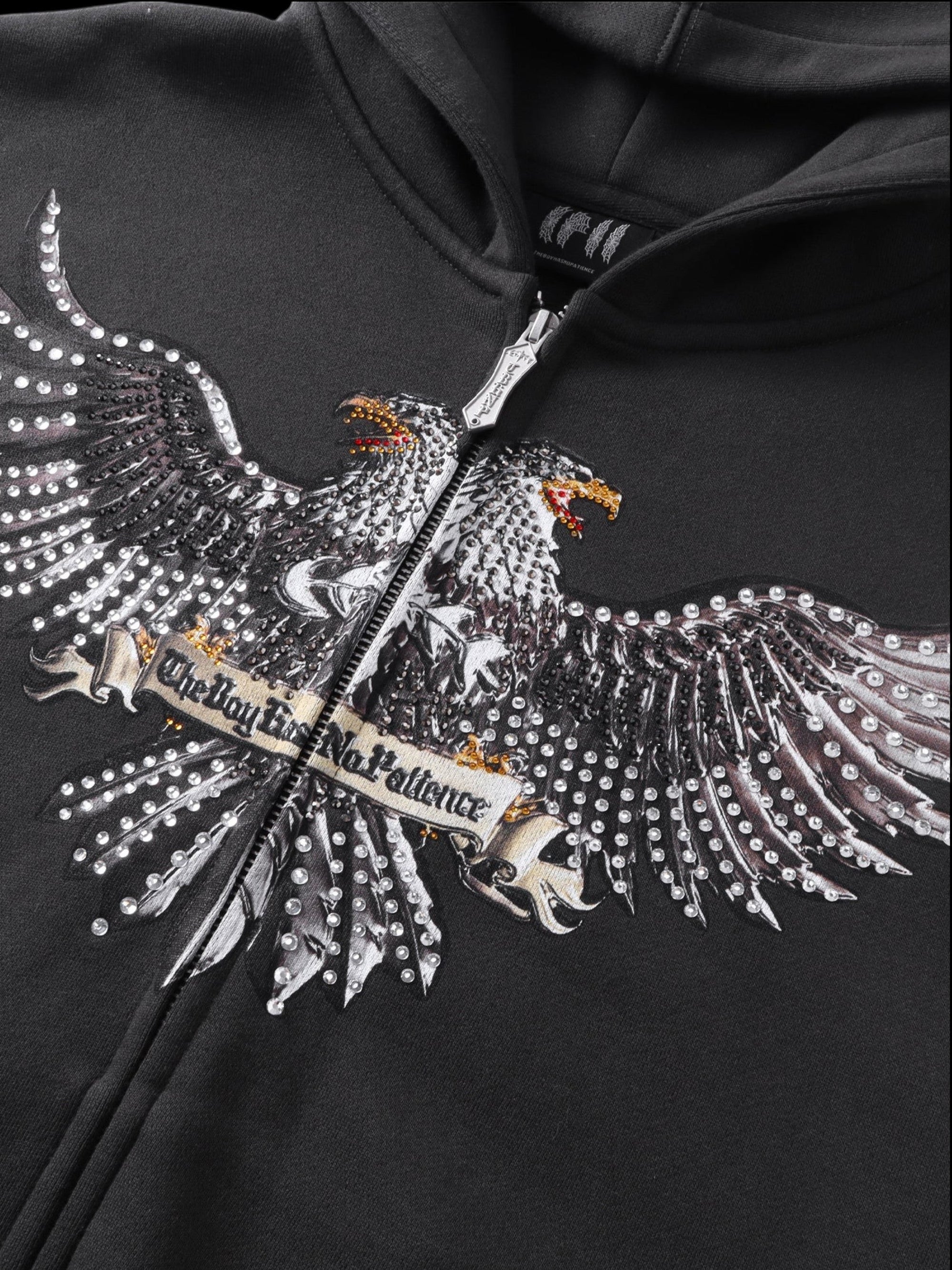TBHNP Luminous Dawn double-headed eagle rhinestone zip hoodie, dark grey — men's streetwear hoodie