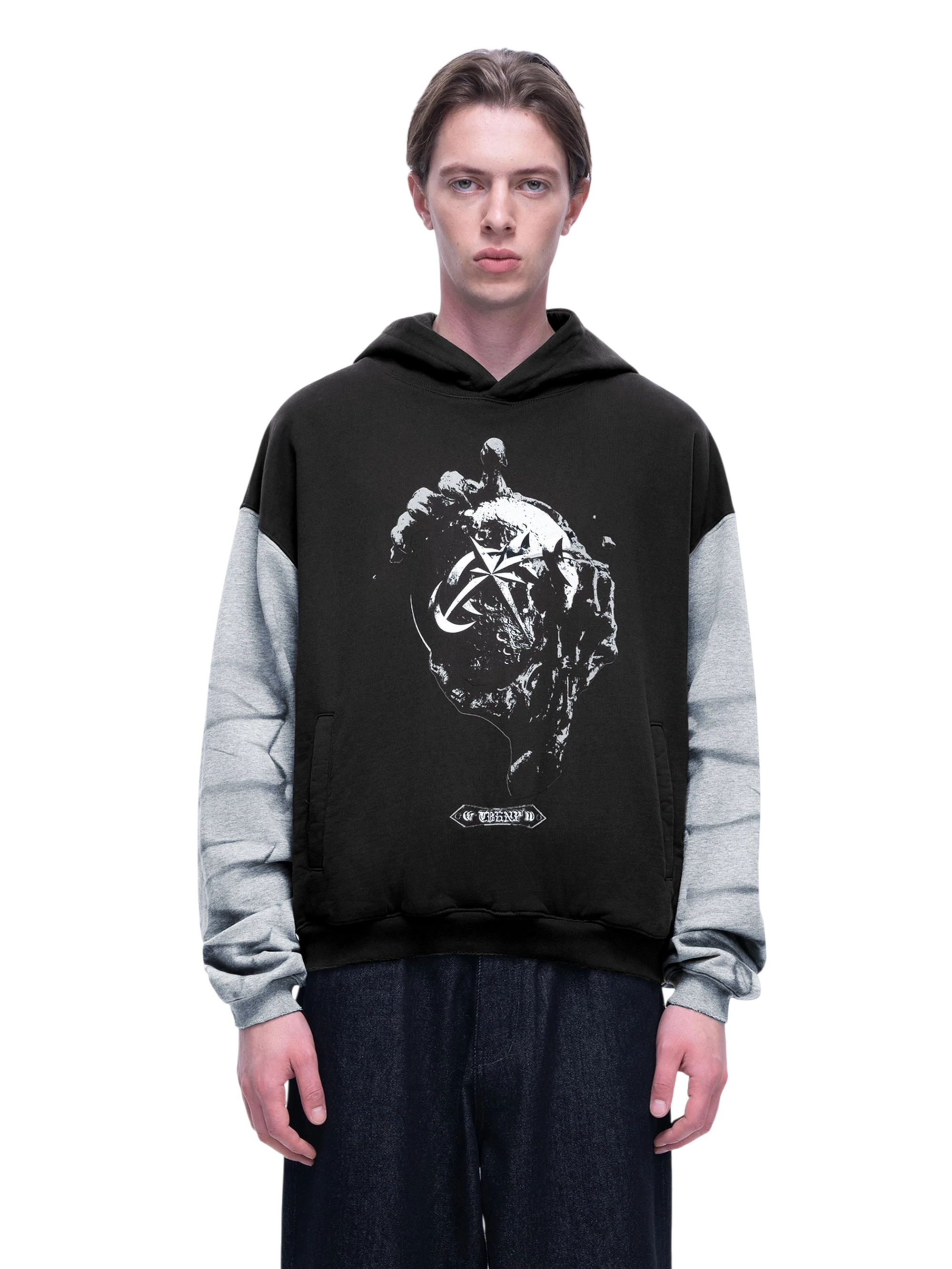TBHNP Luminous Dawn washed two-tone cotton hoodie, dark grey — men's streetwear hoodie