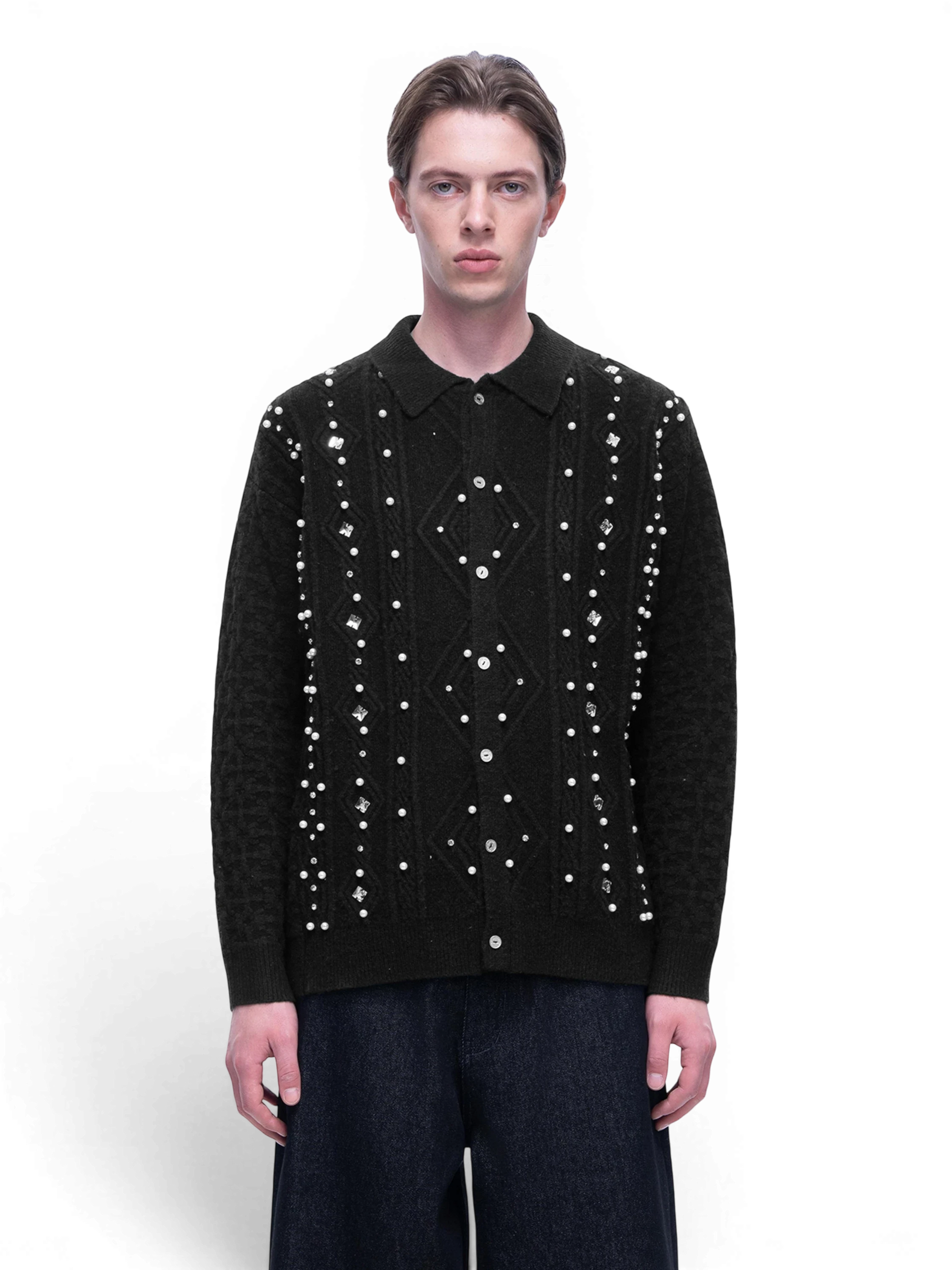 TBHNP Luminous Dawn rhinestone cable-knit cardigan, black — men's streetwear knitwear