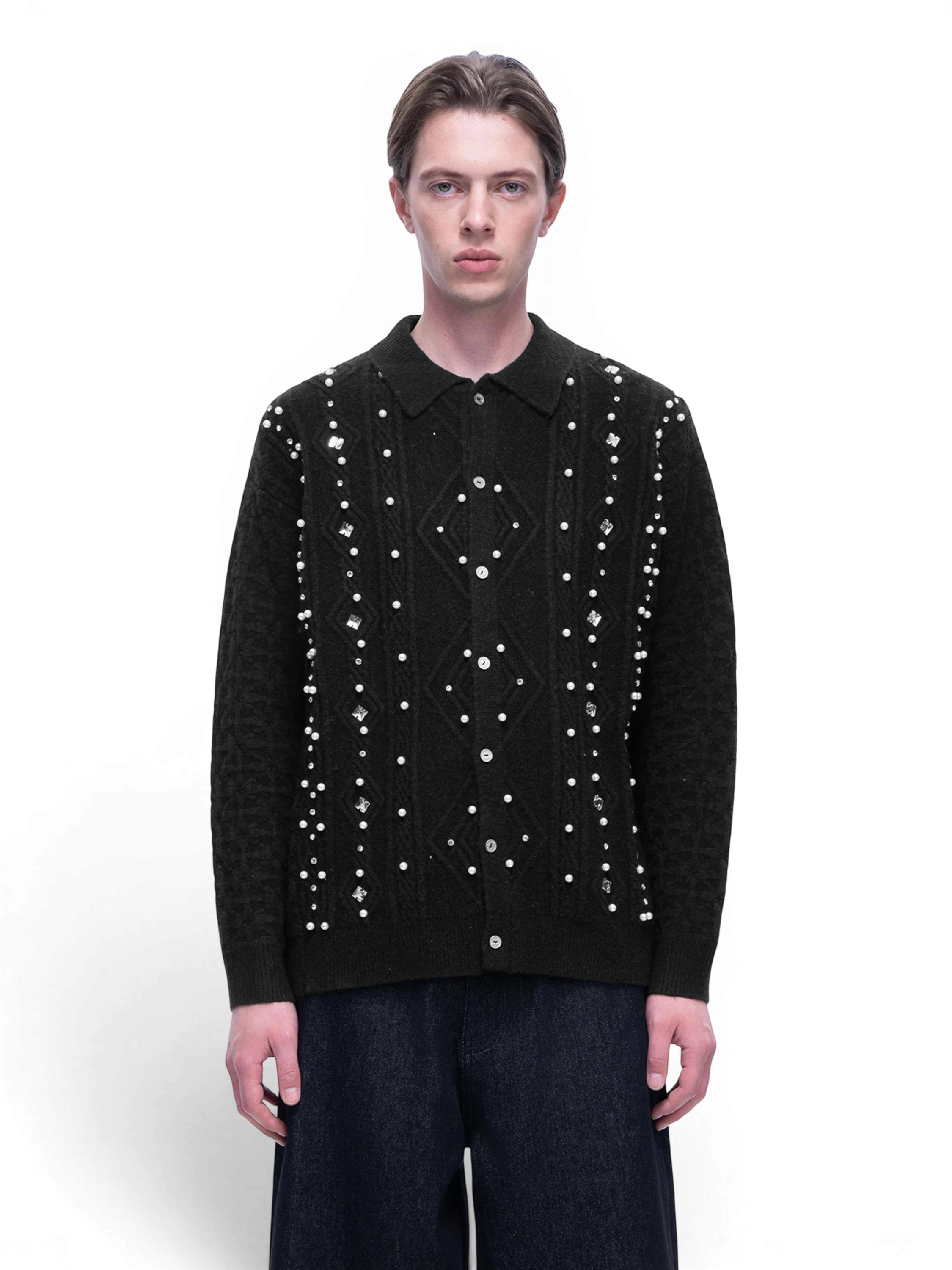 TBHNP Luminous Dawn rhinestone cable-knit cardigan, black — men's streetwear knitwear