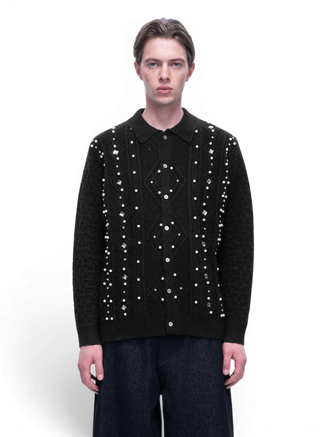 RHINESTONE COLLARED KNIT CARDIGAN