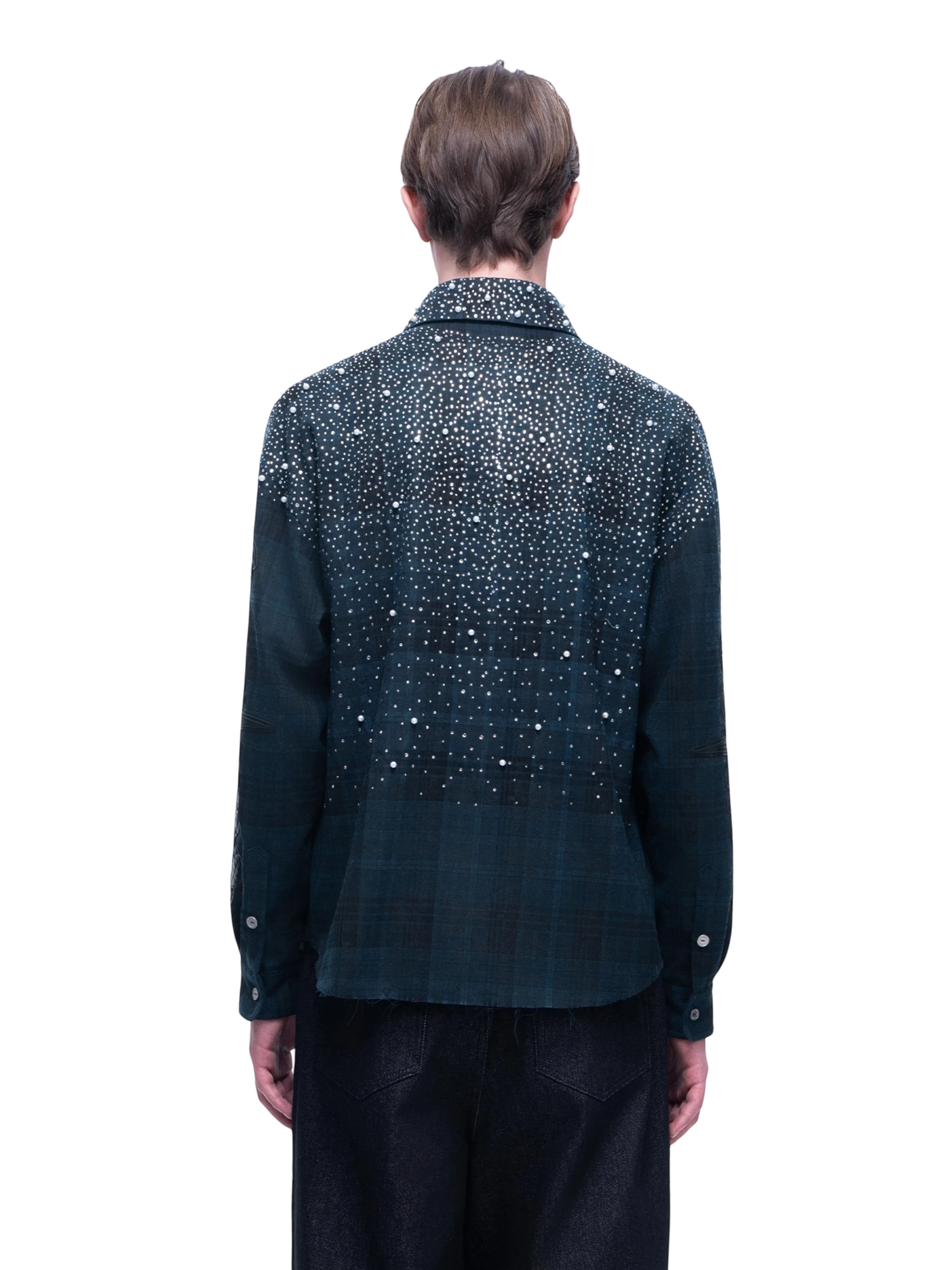 TBHNP Luminous Dawn rhinestone bat pattern plaid flannel shirt — men's gothic streetwear button-up