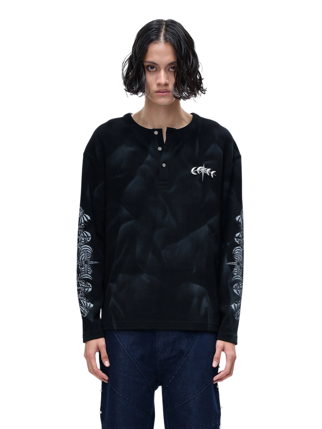 LUMINOUS DAWN WAFFLE-KNIT HENLEY LONG-SLEEVE TEE