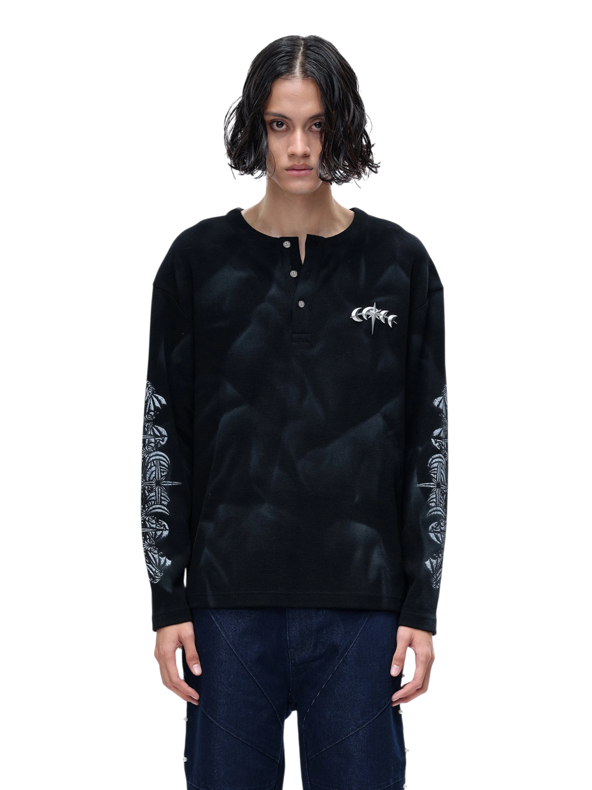 TBHNP Luminous Dawn waffle-knit henley long-sleeve top with metal chest badge — men's streetwear henley