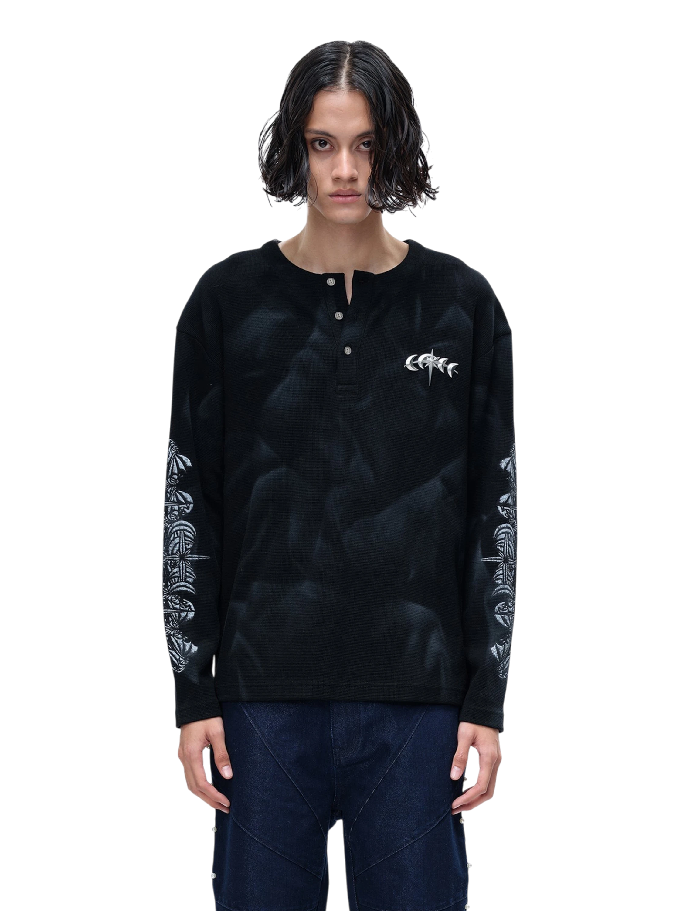 TBHNP Luminous Dawn waffle-knit henley long-sleeve top with metal chest badge — men's streetwear henley