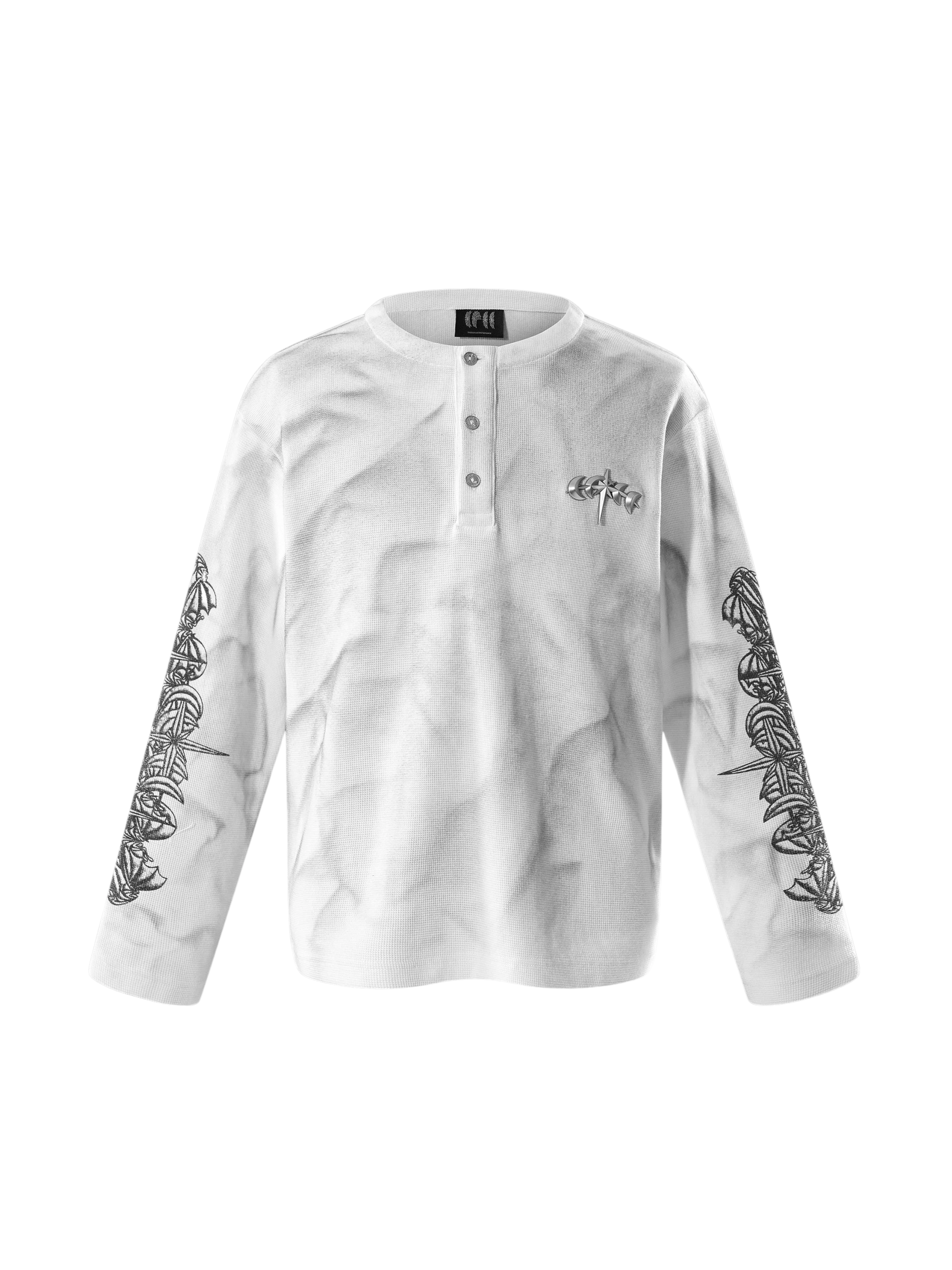TBHNP Luminous Dawn waffle-knit henley long-sleeve top with metal chest badge — men's streetwear henley