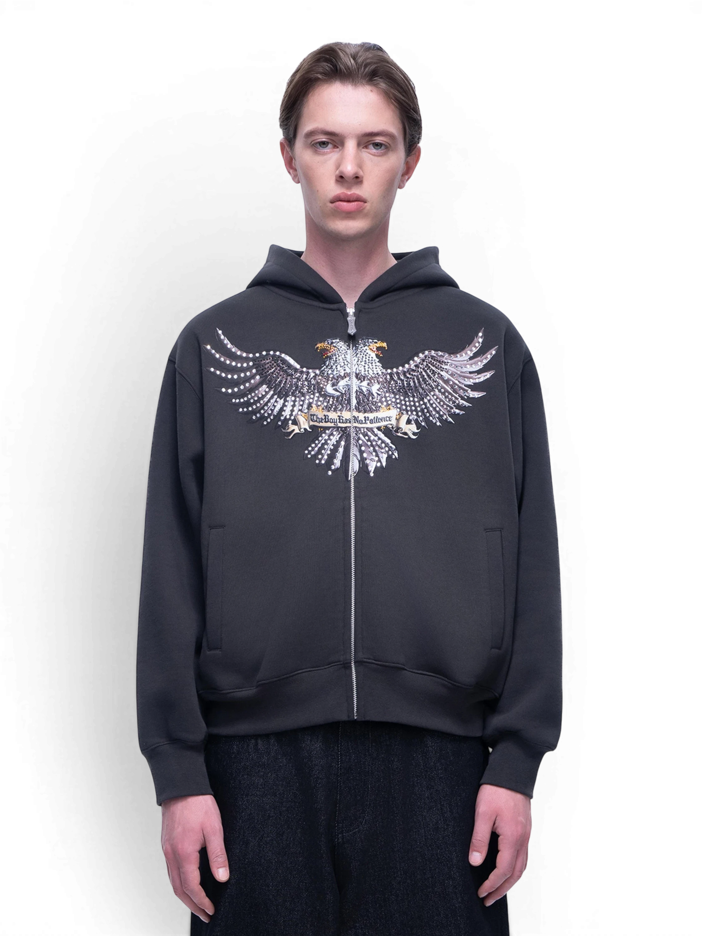 TBHNP Luminous Dawn double-headed eagle rhinestone zip hoodie, dark grey — men's streetwear hoodie