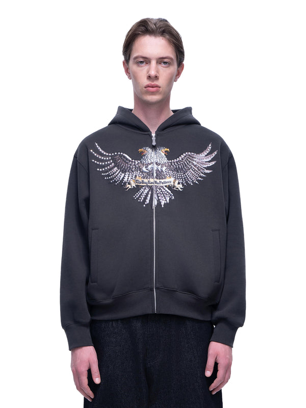 LUMINOUS DAWN DOUBLE-HEADED EAGLE RHINESTONE PRINTED ZIP HOODIE