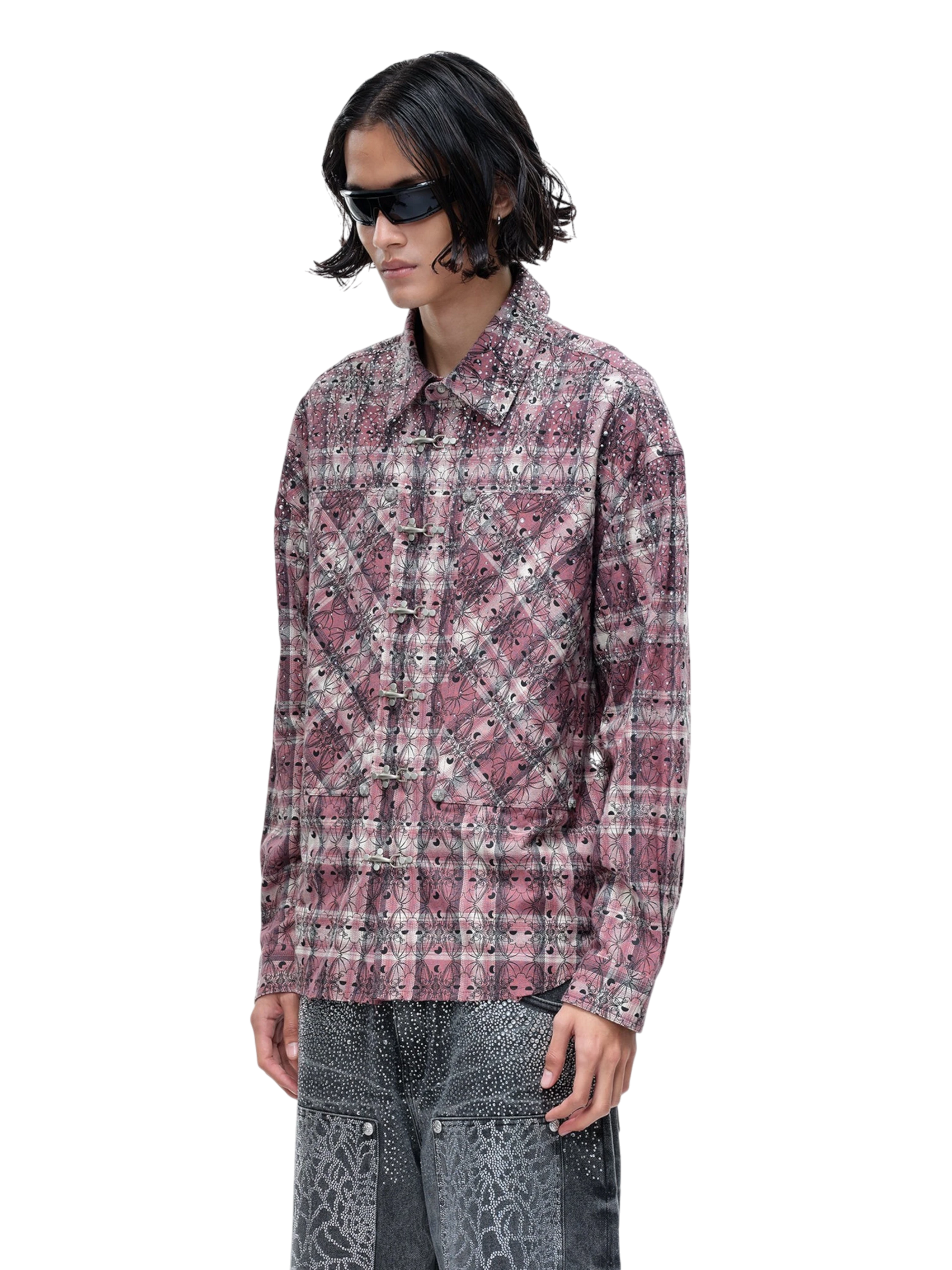 TBHNP Luminous Dawn Shadowbat buckle plaid flannel shirt — men's gothic streetwear button-up