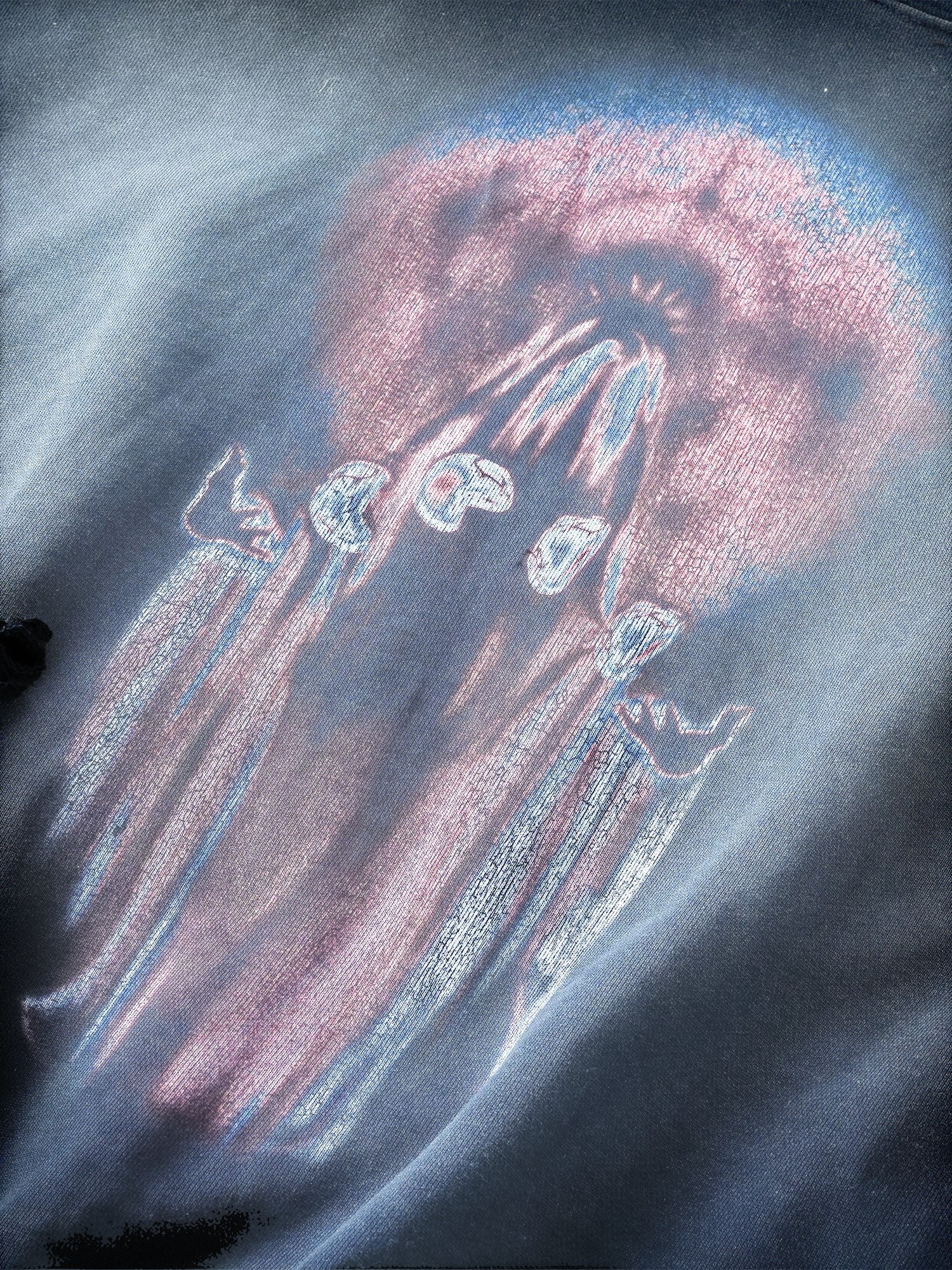 TBHNP Disciple slash-destroyed printed hoodie, blue-grey — men's streetwear hoodie